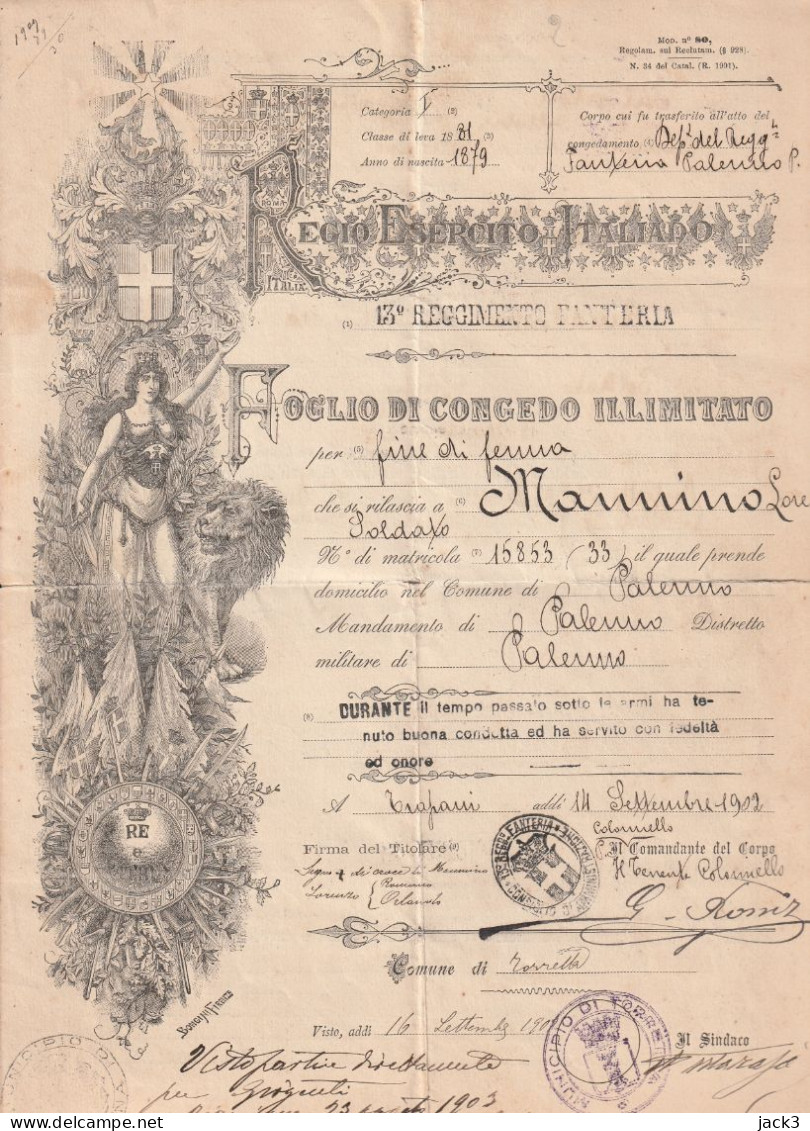 FOGLIO DI CONGEDO ILLIMITATO - XIII REGGIMENTO FANTERIA - PALERMO / TRAPANI 1902 - Documents