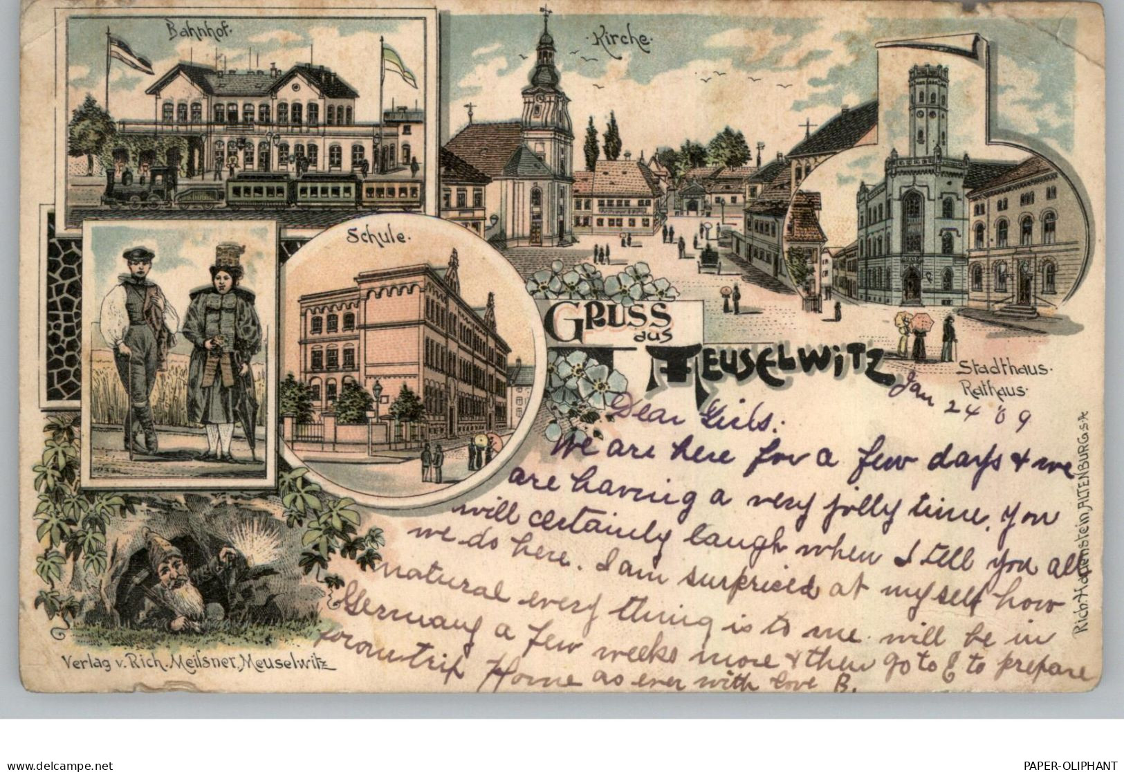 0-7404 MEUSELWITZ, Lithographie, Bahnhof, Schule, Stadthaus / Rathaus, Trachten, Kirche, Zwerg, Druckstellen - Meuselwitz