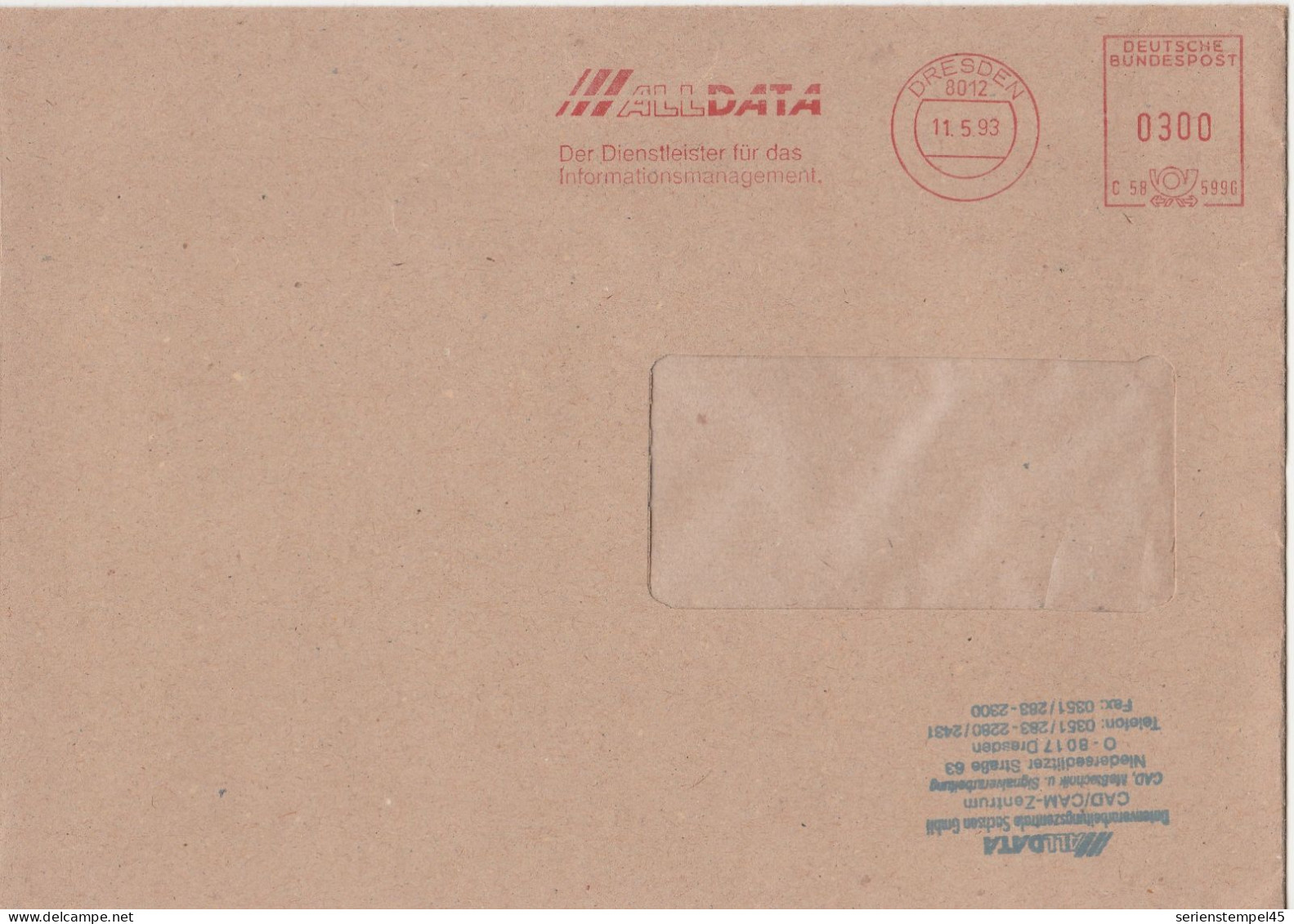 Deutsche Bundespost Brief Mit Freistempel VGO PLZ Oben Dresden 1993 All DATA C58 599G - Maschinenstempel (EMA)