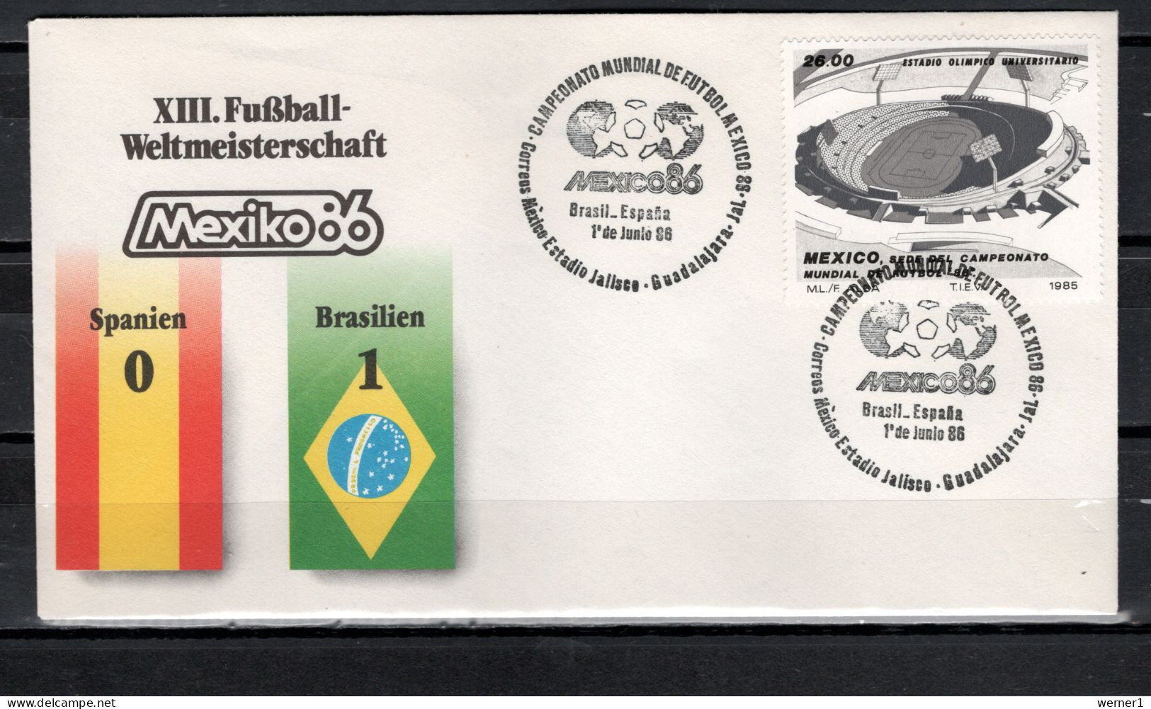 Mexico 1986 Football Soccer World Cup Commemorative Cover Match Spain - Brazil 0 : 1 - 1986 – Messico