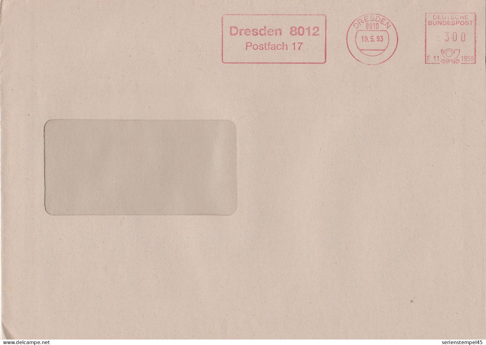 Deutsche Bundespost Brief Mit Freistempel VGO PLZ Oben Dresden 1993 Postfach 17 E11 1959 - Franking Machines (EMA)
