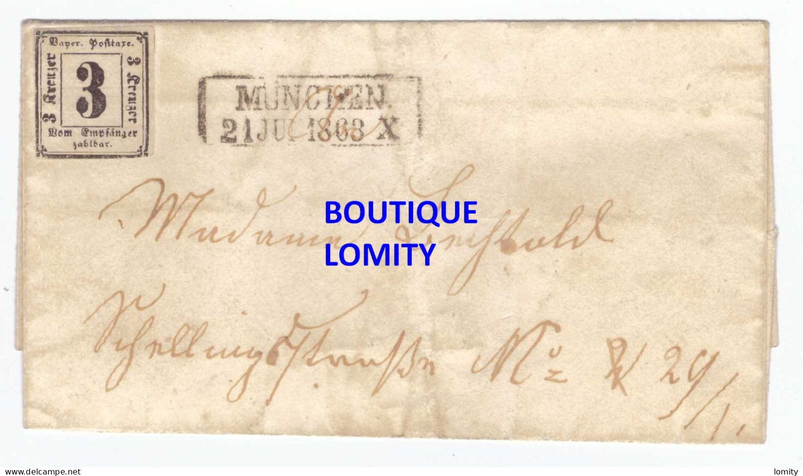 Allemagne Baviere Lettre Brief Cover Letter Cachet Munchen 1863 Timbre Taxe N°1 Cote Y&T 1250€ - Briefe U. Dokumente