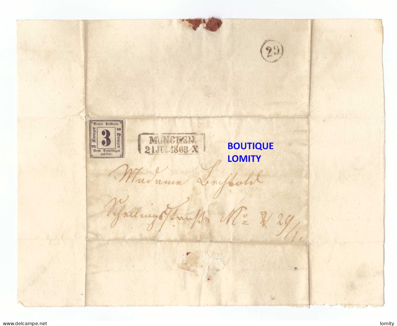 Allemagne Baviere Lettre Brief Cover Letter Cachet Munchen 1863 Timbre Taxe N°1 Cote Y&T 1250€ - Briefe U. Dokumente