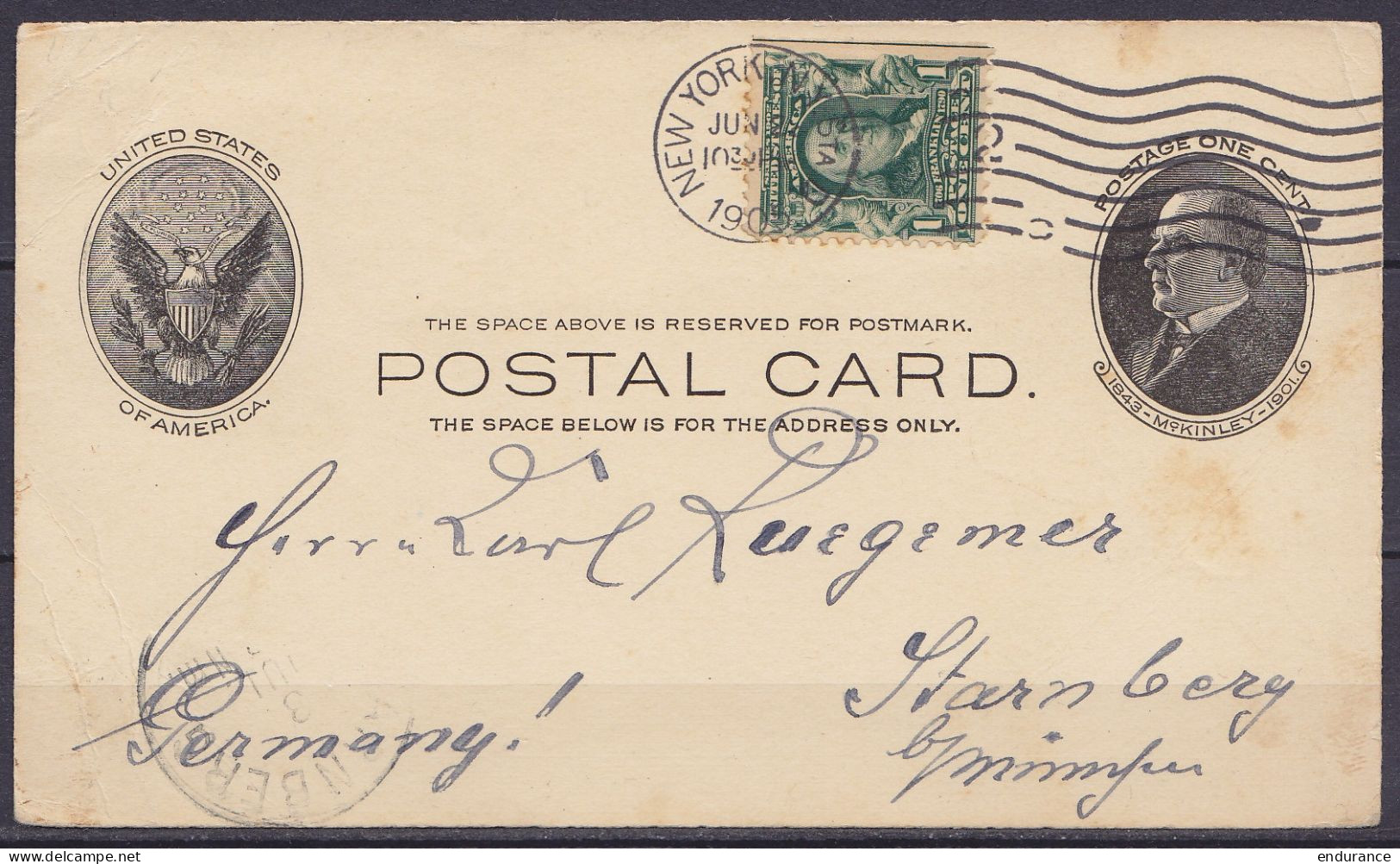 USA - EP CP 1c McKinley + 1c Flam. NEW YORK /JUN ? 1905 Pour STARNBERG Allemagne - Entier Repiqué "Gruss Von Des N.Y.S.G - 1901-20