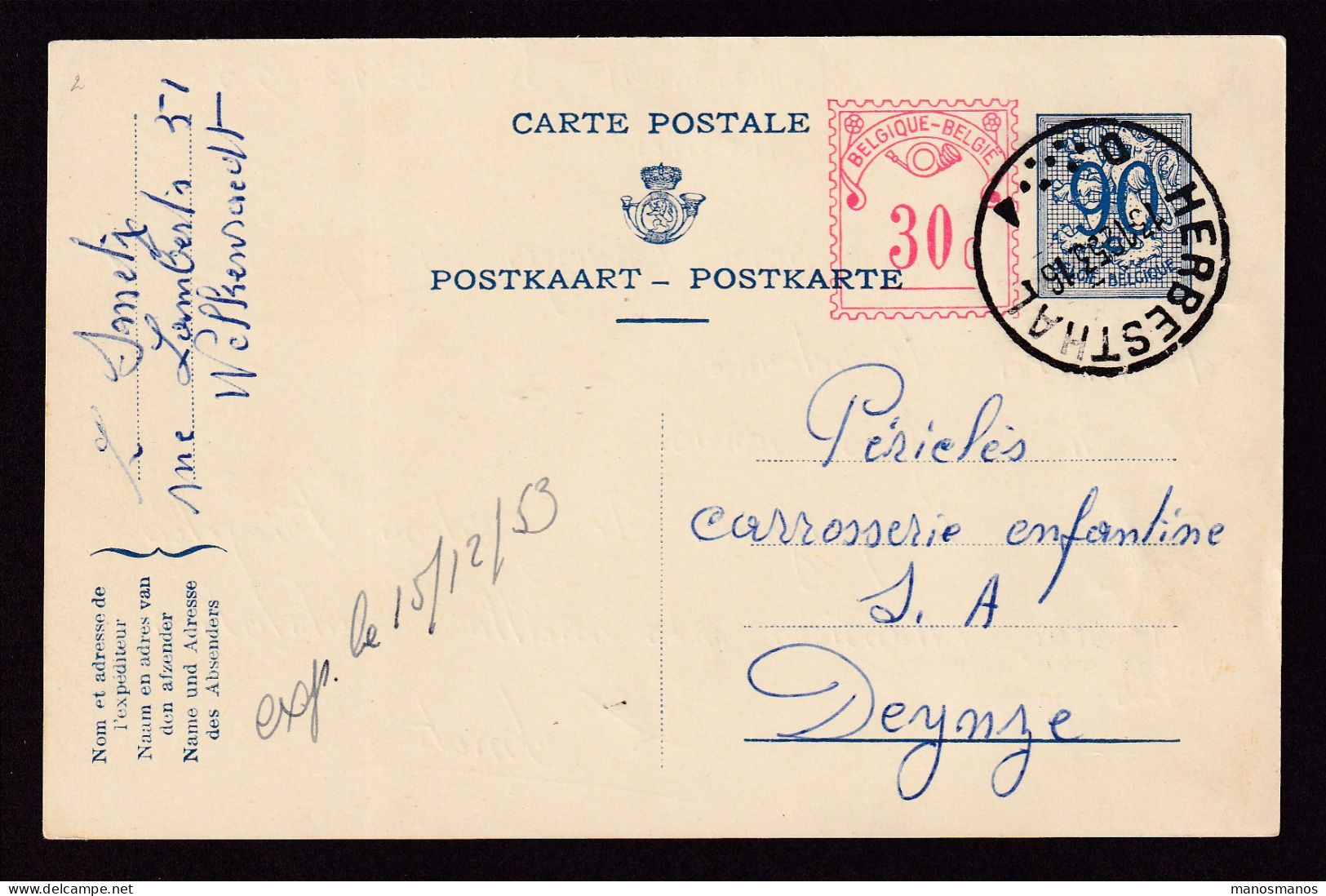 124/41 - CANTONS DE L'EST - Entier Carte Postale TRILINGUE Lion Héraldique HERBESTHAL 1953 Vers Deynze - Cartes Postales 1951-..