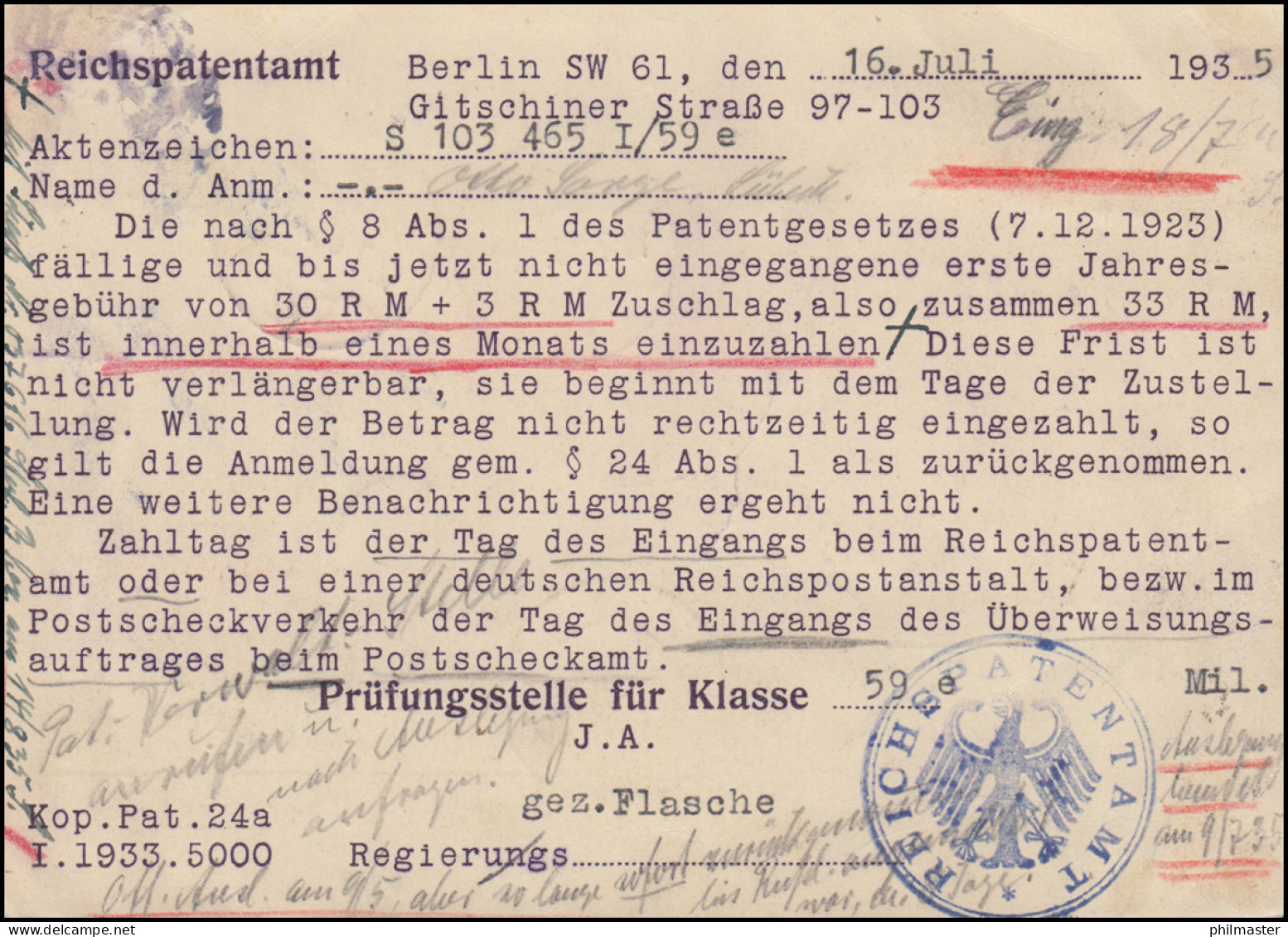 Gebührenspflichtige Dienstsache Als Orts-R-Postkarte Patentamt BERLIN C2-17.7.35 - Onderzoekers