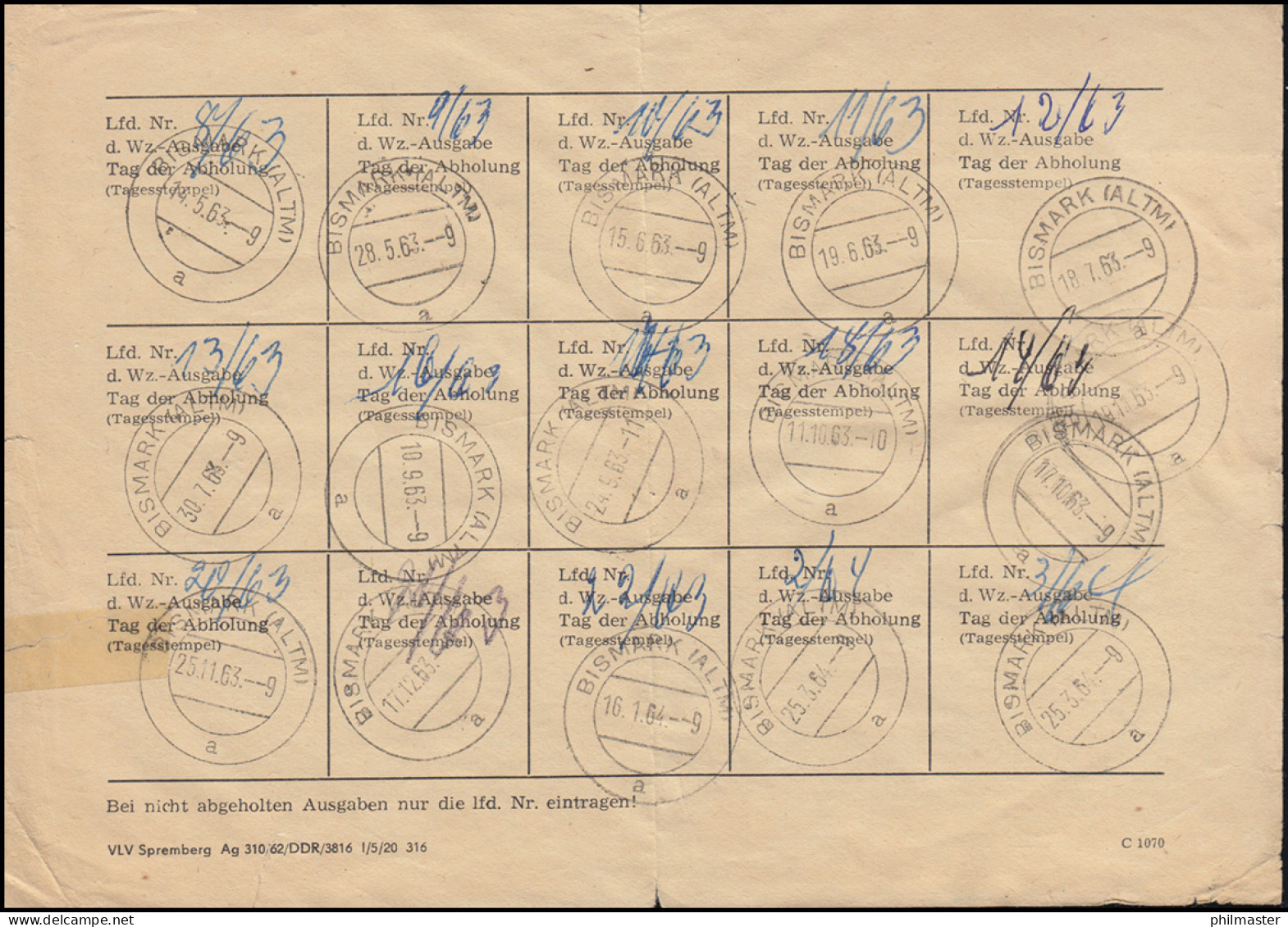 937 Ulbricht MeF Als Gebühr Für Ausweis Bezug Neuausgaben BISMARK (ALTM) 6.5.63 - Autres & Non Classés