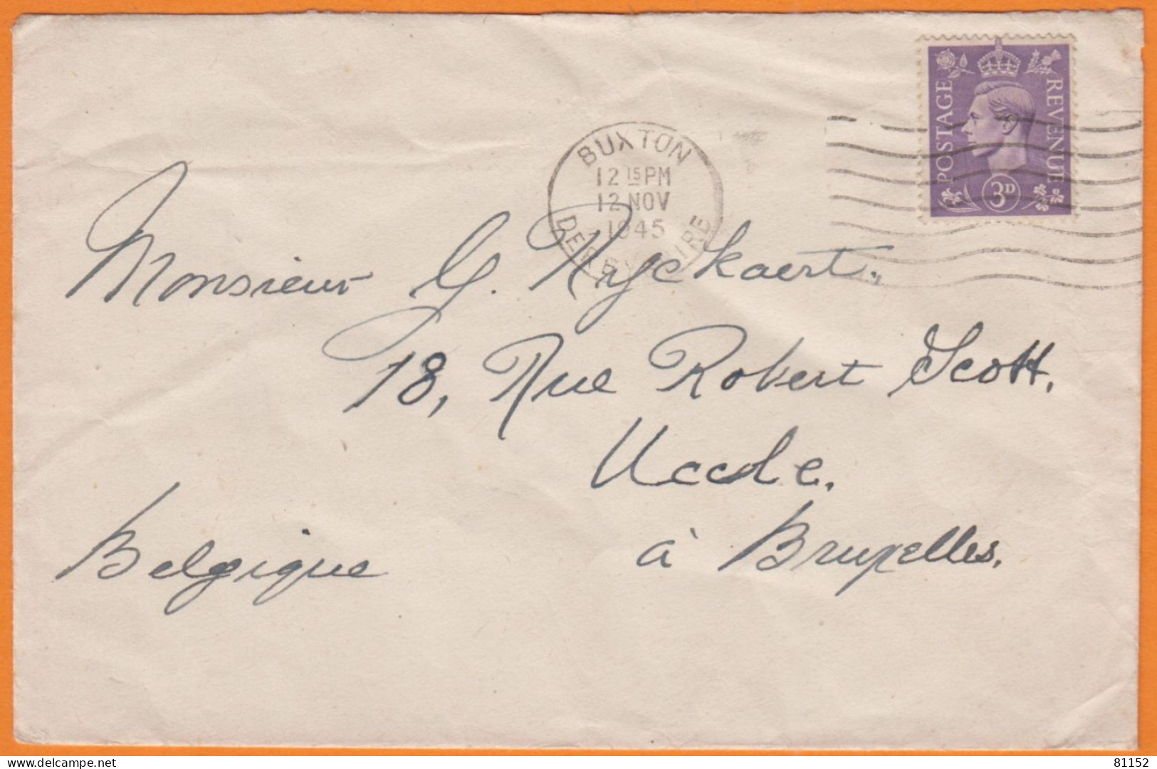 Georges VI 3p Violet  Y.et.T. 214  SEUL  Sur Lettre  De  BUXTON   Le 12 NOV 1945  Pour BRUXELLES - Cartas & Documentos