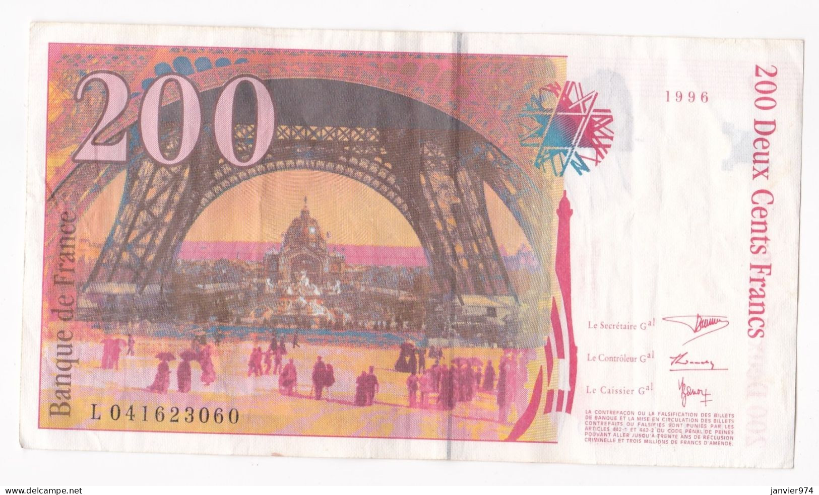 200 Francs Eiffel 1996, Alphabet : L 041623060, Tres Beau Billet - 200 F 1995-1999 ''Eiffel''