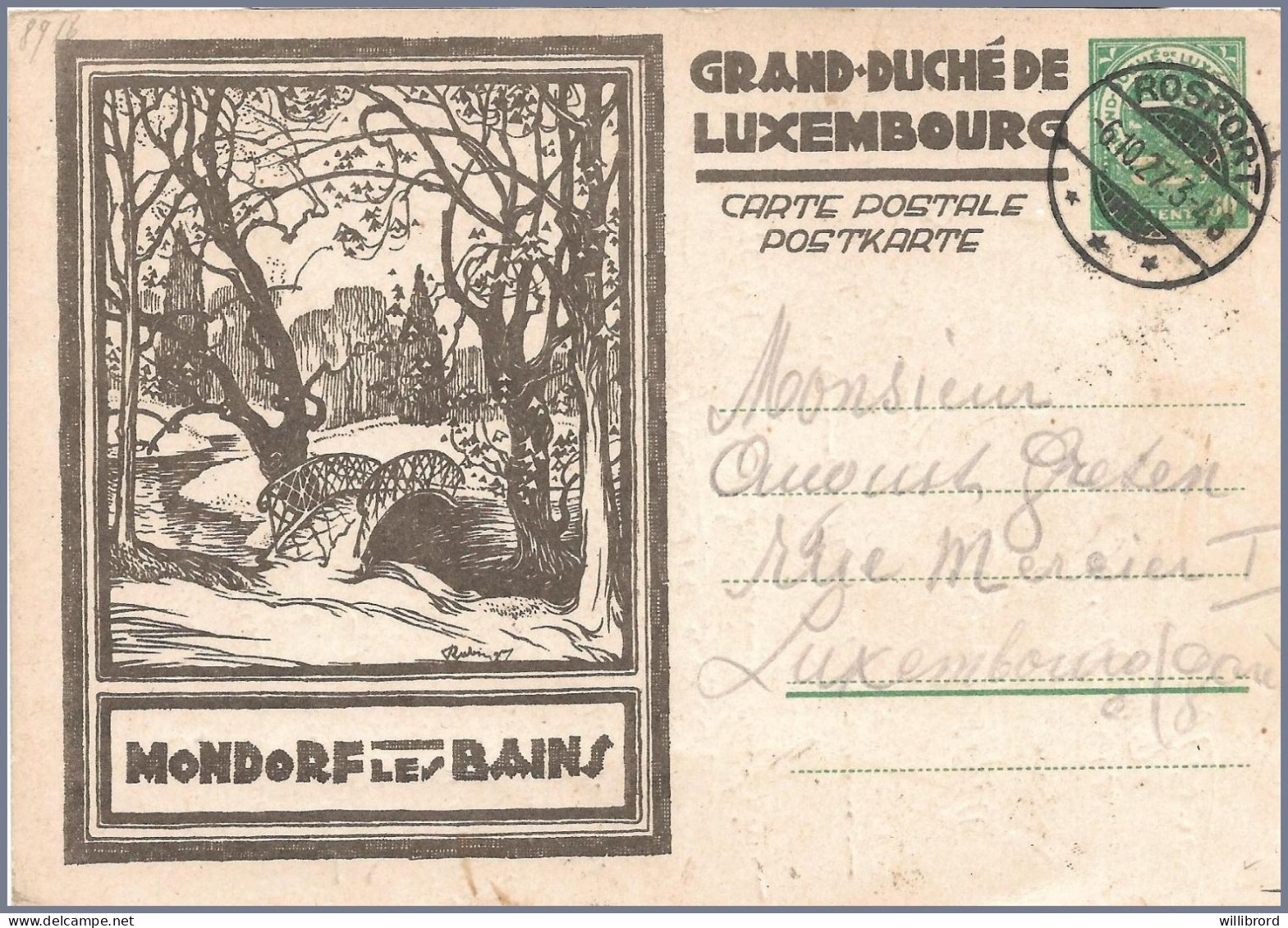 LUXEMBOURG - ROSPORT T-33 - 1927 Mondorf 30c Viewcard (Bridge) To Luxembourg-Gare - Postwaardestukken