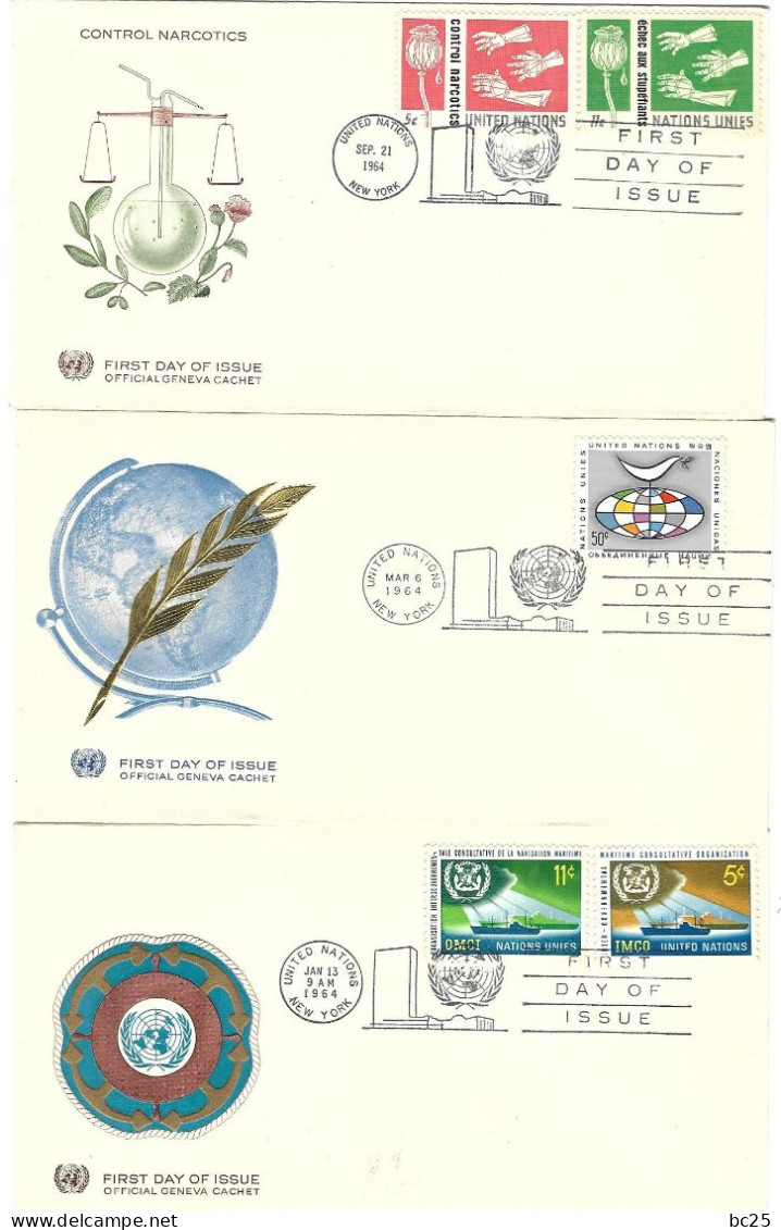 NATIONS UNIS - GENEVE - 13 SUPERBES ENVELOPPES 1er JOUR NEUVES * * DE 1963 /64 /65 -FAIT 4 SCANS - Cartas & Documentos