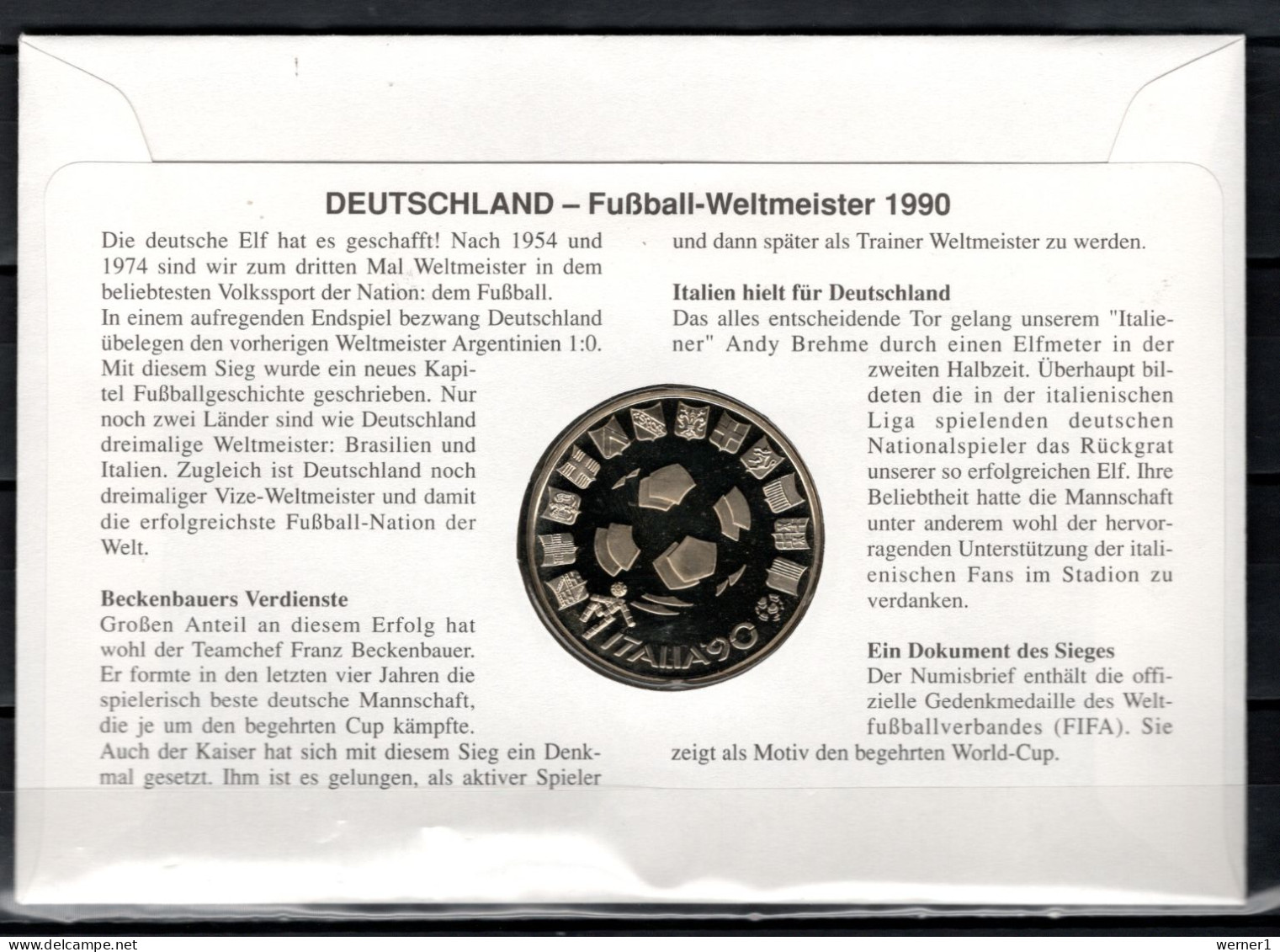 Germany 1990 Football Soccer World Cup Numismatic Cover With Medal, Germany World Cup Champion - 1990 – Italia