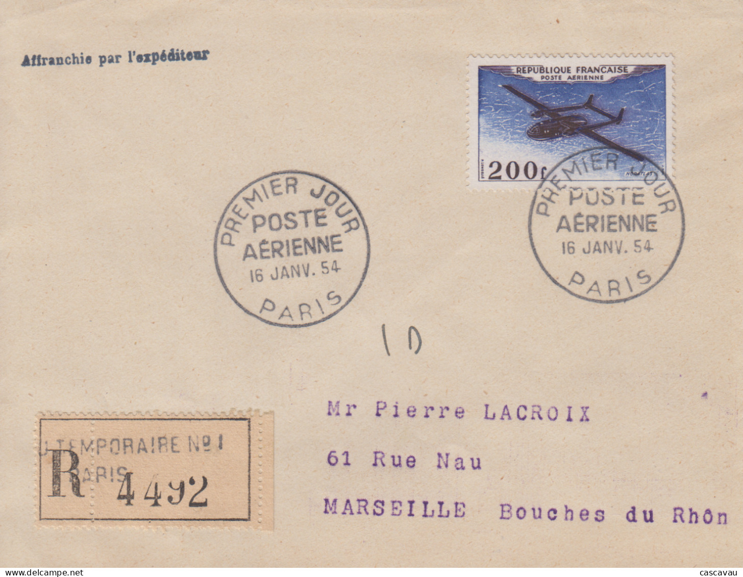 Enveloppe  Recommandée   FDC  Oblitération   1er  Jour   FRANCE     POSTE  AERIENNE    1954 - 1950-1959