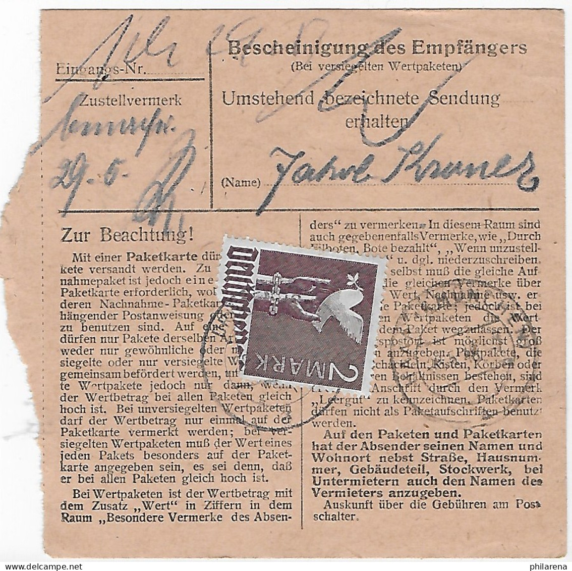 Paketkarte Drügendorf, Dringend Nach Haar, MeF, Marke Beschädigt - Lettres & Documents