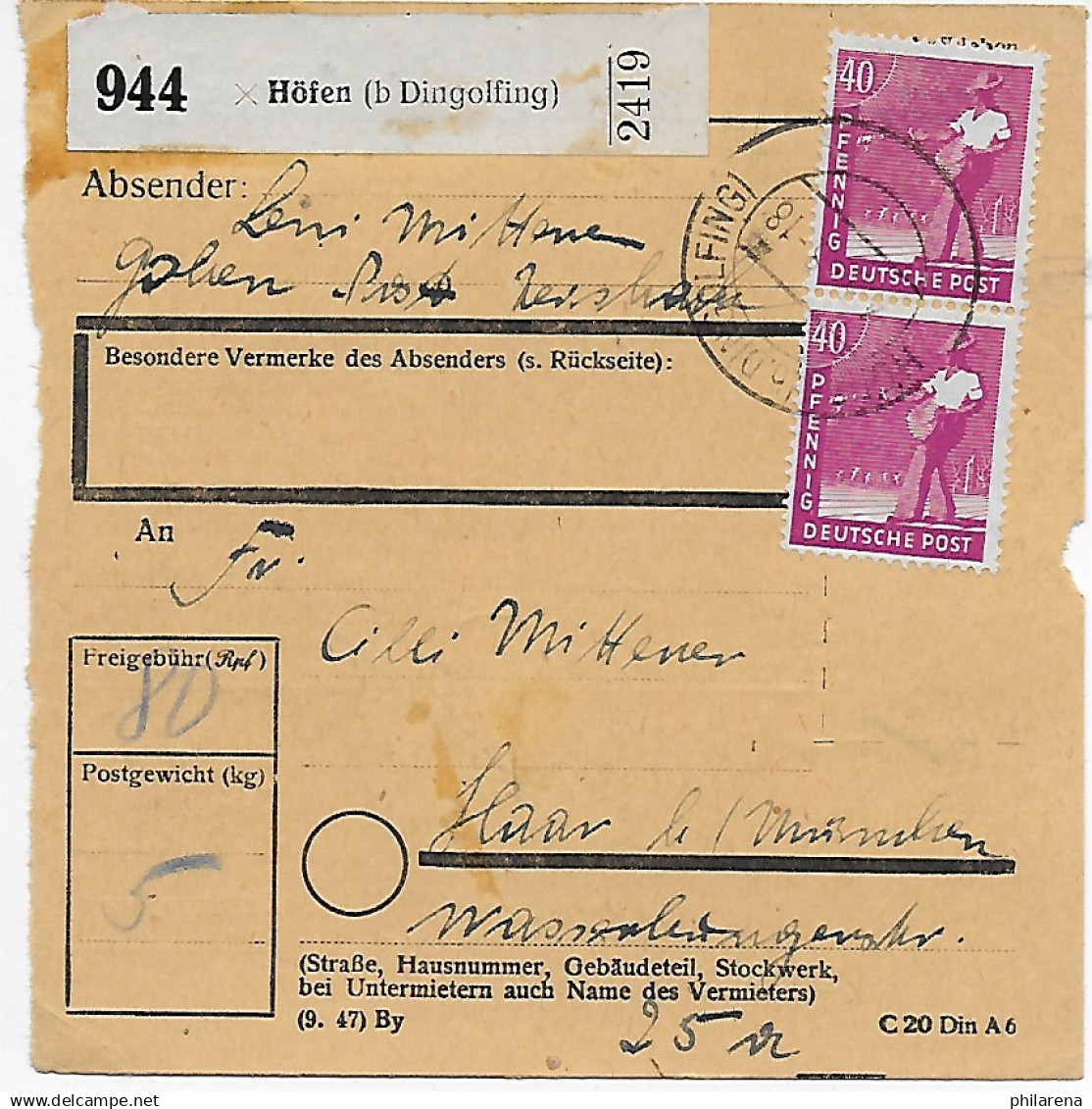 Paketkarte Höfen Bei Dingolfing Nach Haar, MeF - Lettres & Documents