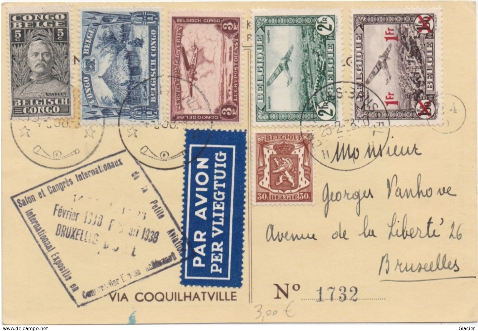 Fédération La Petite Aviation - Par Avion - Salon Et Congres Bruxelles 1938 - Belgique-Congo Belge Via Coquilhatville - Brieven En Documenten