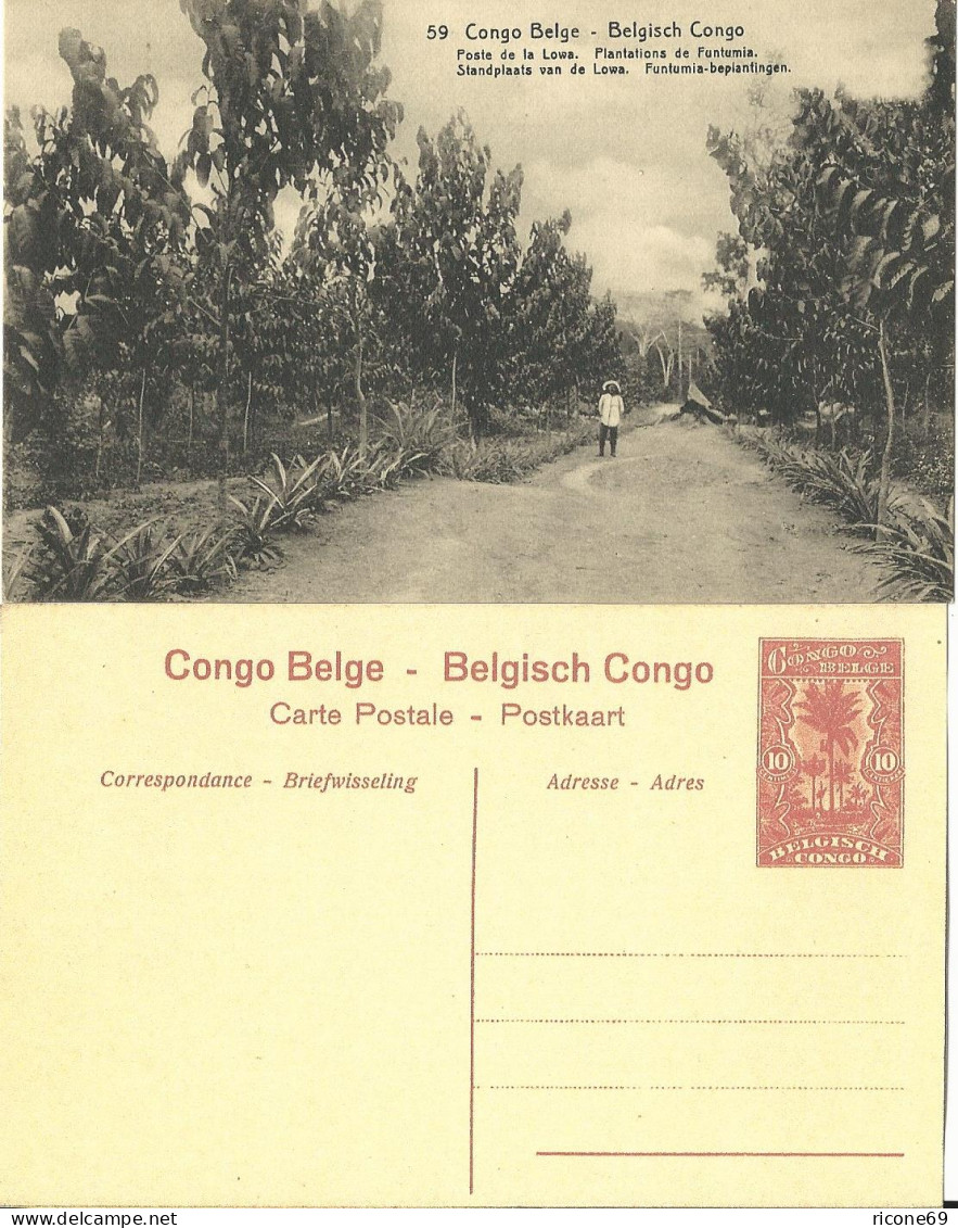 Belgisch Congo, Ungebr. 10 C. Bild Ganzsache M. Abb. Kautschuk Plantage, Ochsen. - Bäume