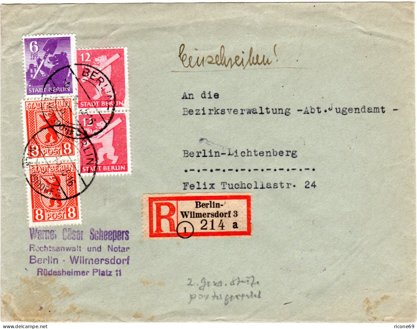 Berlin 1946, 5 Marken Auf Portorichtigem R-Doppel-Ortsbrief  - Cartas & Documentos