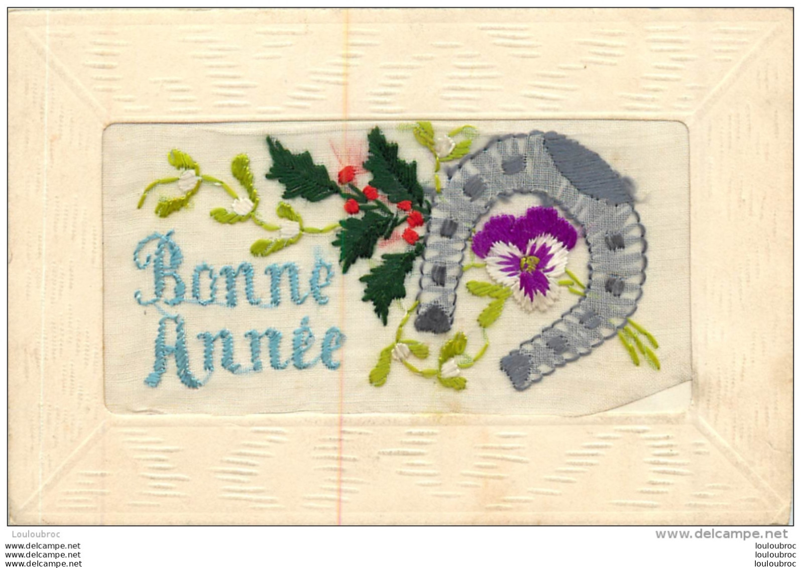 CARTE BRODEE HOUX ET FER A CHEVAL BONNE ANNEE - Embroidered