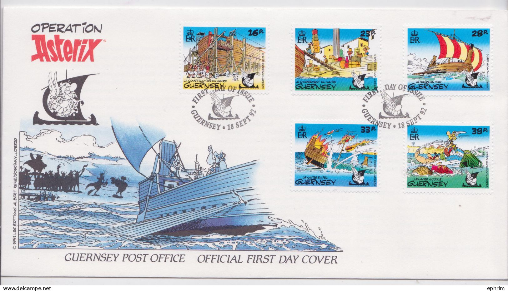 Guernsey Stamp Official First Day Cover Guernesey FDC Opération Astérix Enveloppe Premier Jour Set Complet De 5 Timbres - Comics