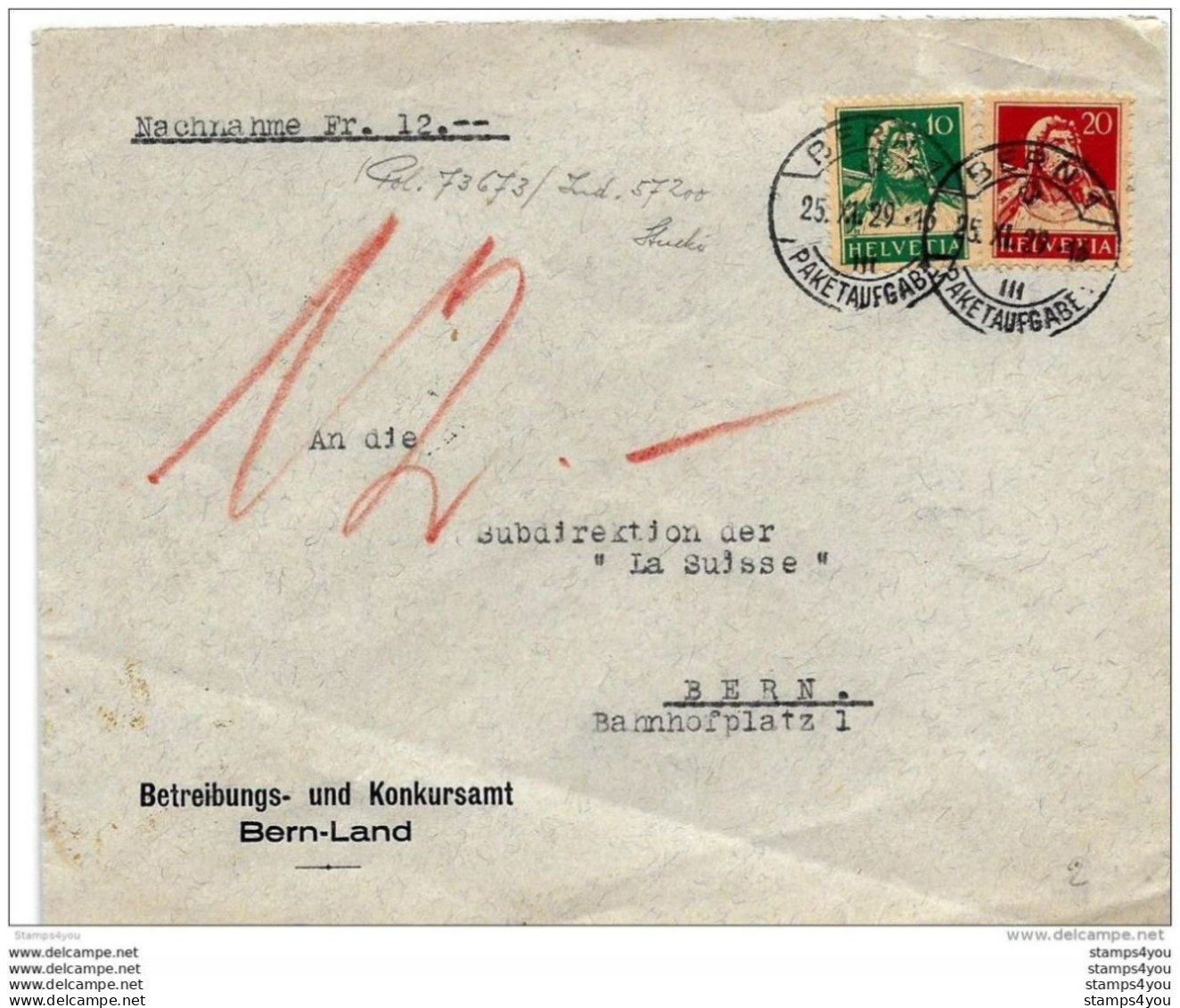 I - 56 - Enveloppe  "remboursement" Envoyée De Bern 1929 - Briefe U. Dokumente