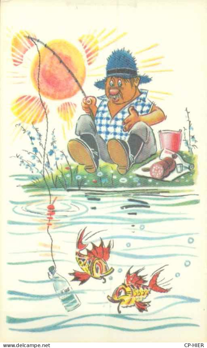 FANTAISIE ILLUSTRATEUR PECHE -  CP RUSSE  -  SOUS LE SOLEIL PECHE A LA LIGNE BOUTEILLE A L EAU - Fishing