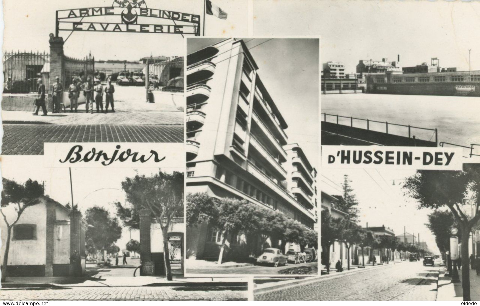 Carte Photo Stade Hussein Dey Algérie Stadium 1962 Olympic  Cavalerie Blindé Tanks Pompe Essence Esso Auto Fregate - Stadien