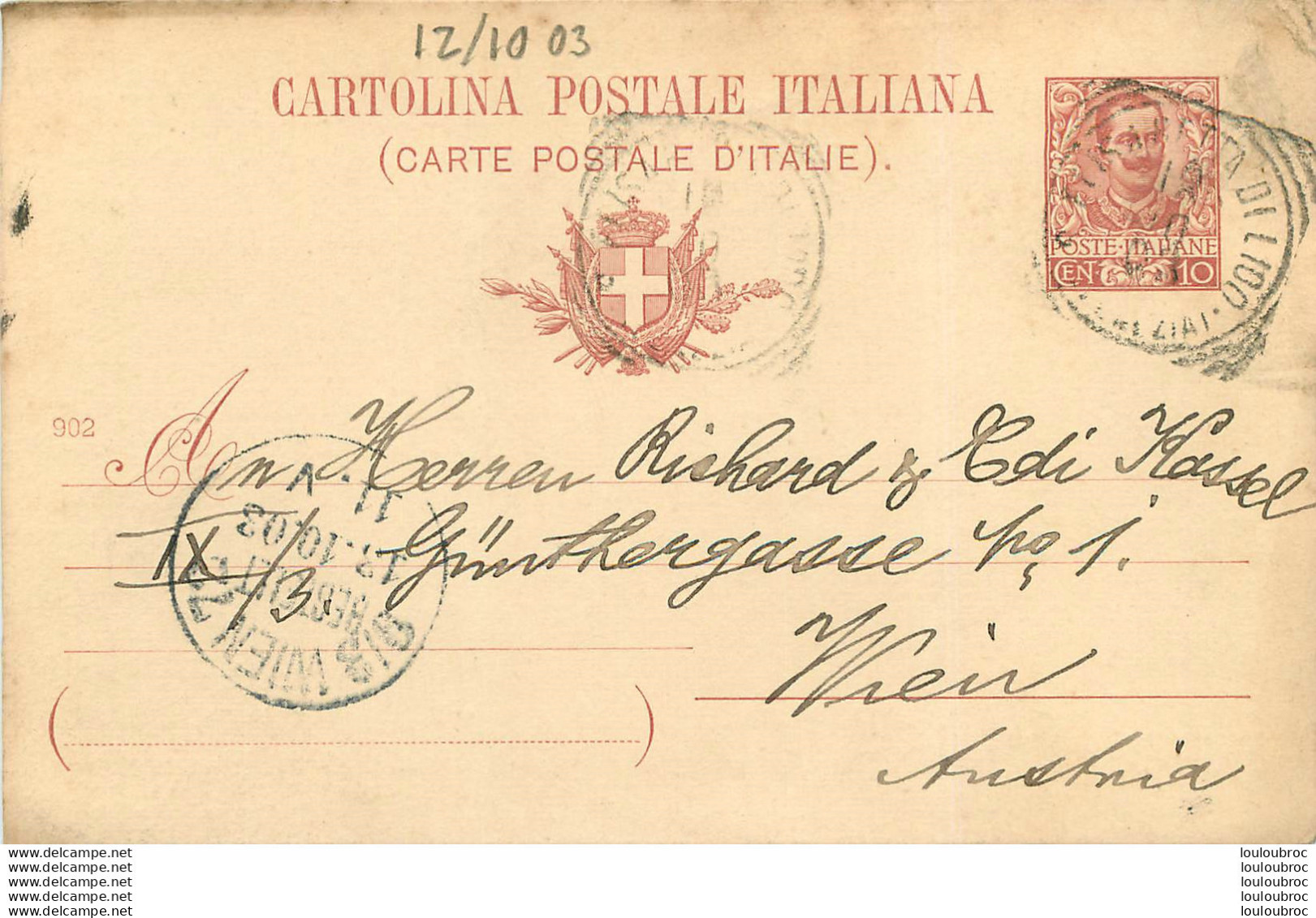 ENTIER POSTAL 1903 ITALIE - Autres & Non Classés