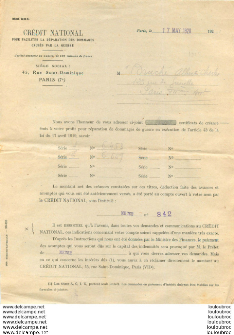 CREDIT NATIONAL REPARATION DES DOMMAGES DE GUERRE CAPITAINE BRUCHE 05/1920 - 1914-18