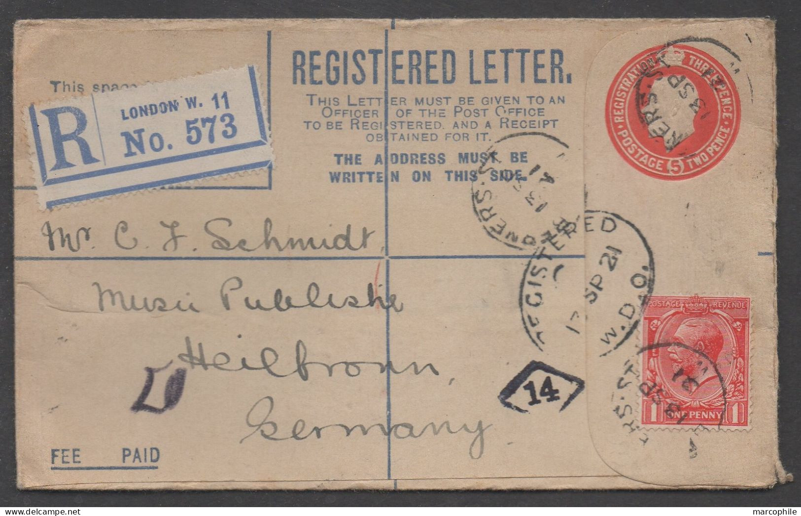 LONDRES - GB - UK / 1921 ENTIER POSTAL RECOMMMANDE POUR L' ALLEMAGNE - HEILBRONN - Stamped Stationery, Airletters & Aerogrammes