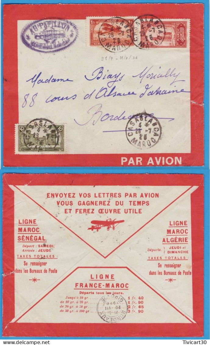 LETTRE PAR AVION DE 1926 - LIGNES AERIENNES LATECOERE FRANCE-MAROC - CASABLANCA (MAROC) POUR BORDEAUX - Luftpost