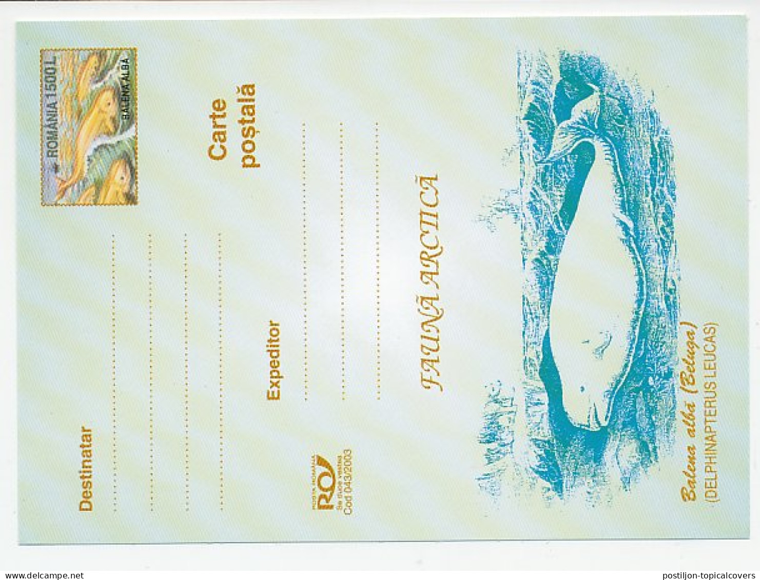 Postal Stationery Romania 2003 Whale - Beluga - Balena Alba - Andere & Zonder Classificatie