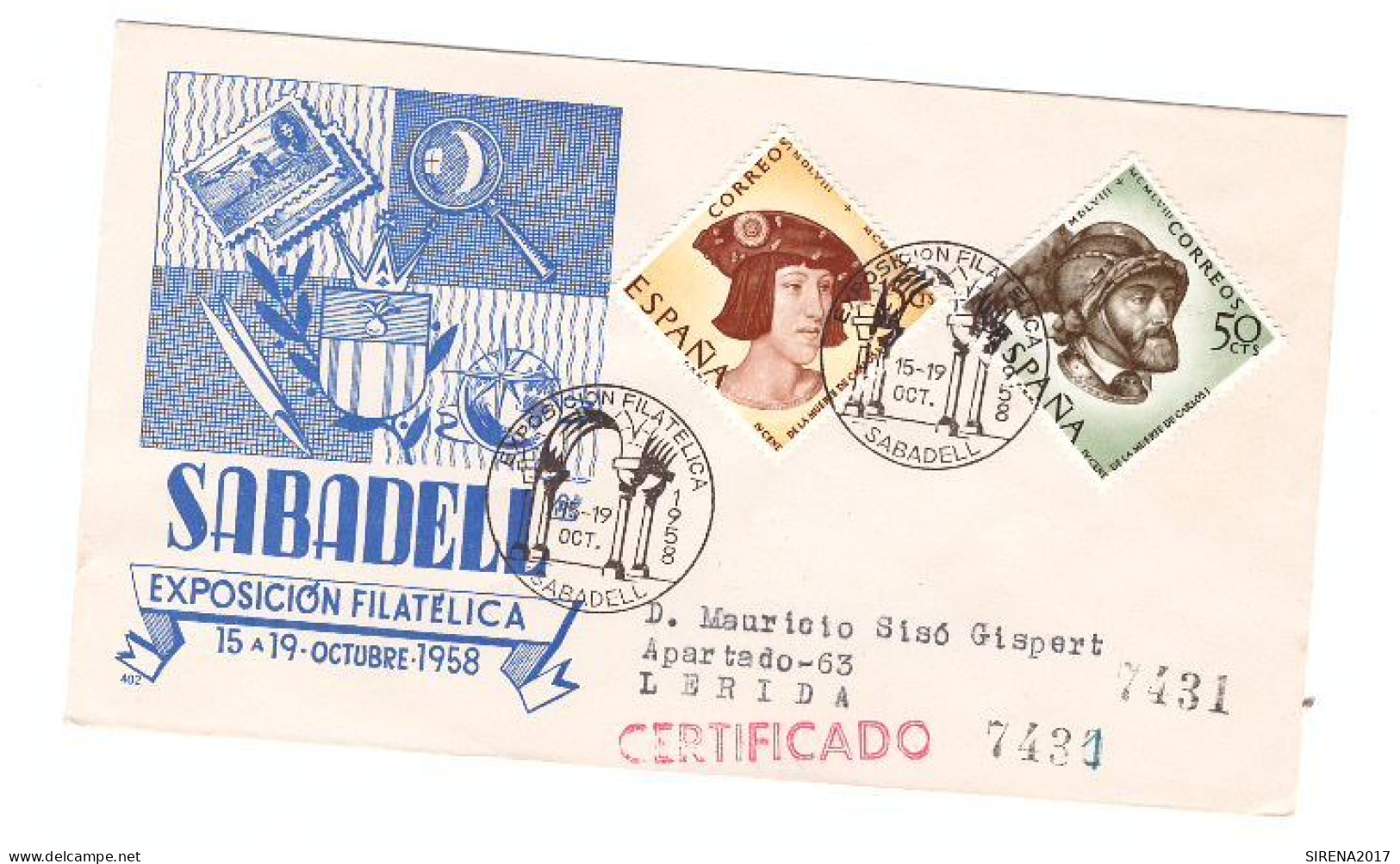 EXPOSICION FILATELICA SABADELL 1958 - SOBRE CON SELLOS Y SELLOS DE EVENTO - Frankeermachines (EMA)