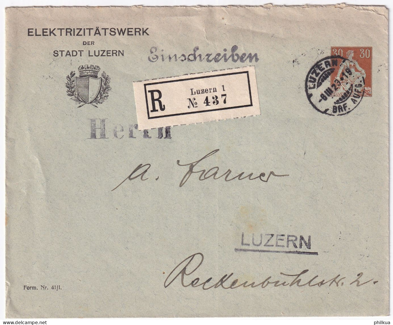 Privatganzsache Mit Sujet Zum. 110 / MiNr. 104 Auf R-Brief ELETRIZITÄTSWERK Der Stadt LUZERN - Stamped Stationery