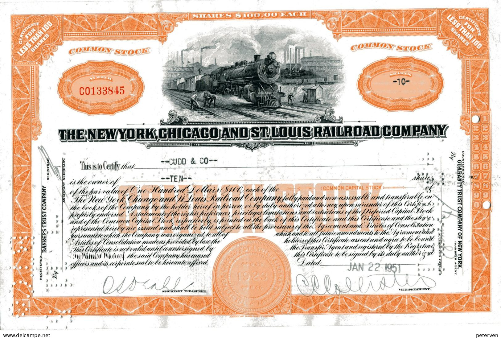 The NEW YORK, CHICAGO And ST. LOUIS RAILROAD COMPANY; 10 Shares - Spoorwegen En Trams