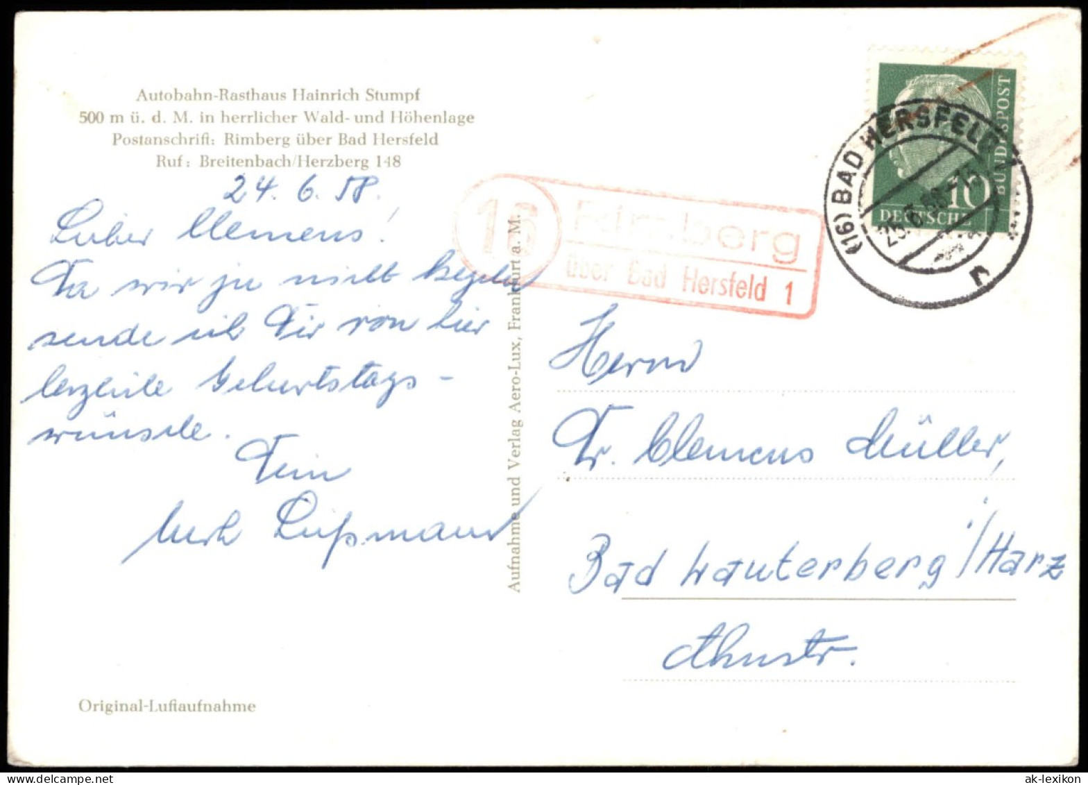 Bad Hersfeld Luftbild Autobahn-Rasthaus Rimberg 1958  Gel. Landpoststempel - Bad Hersfeld