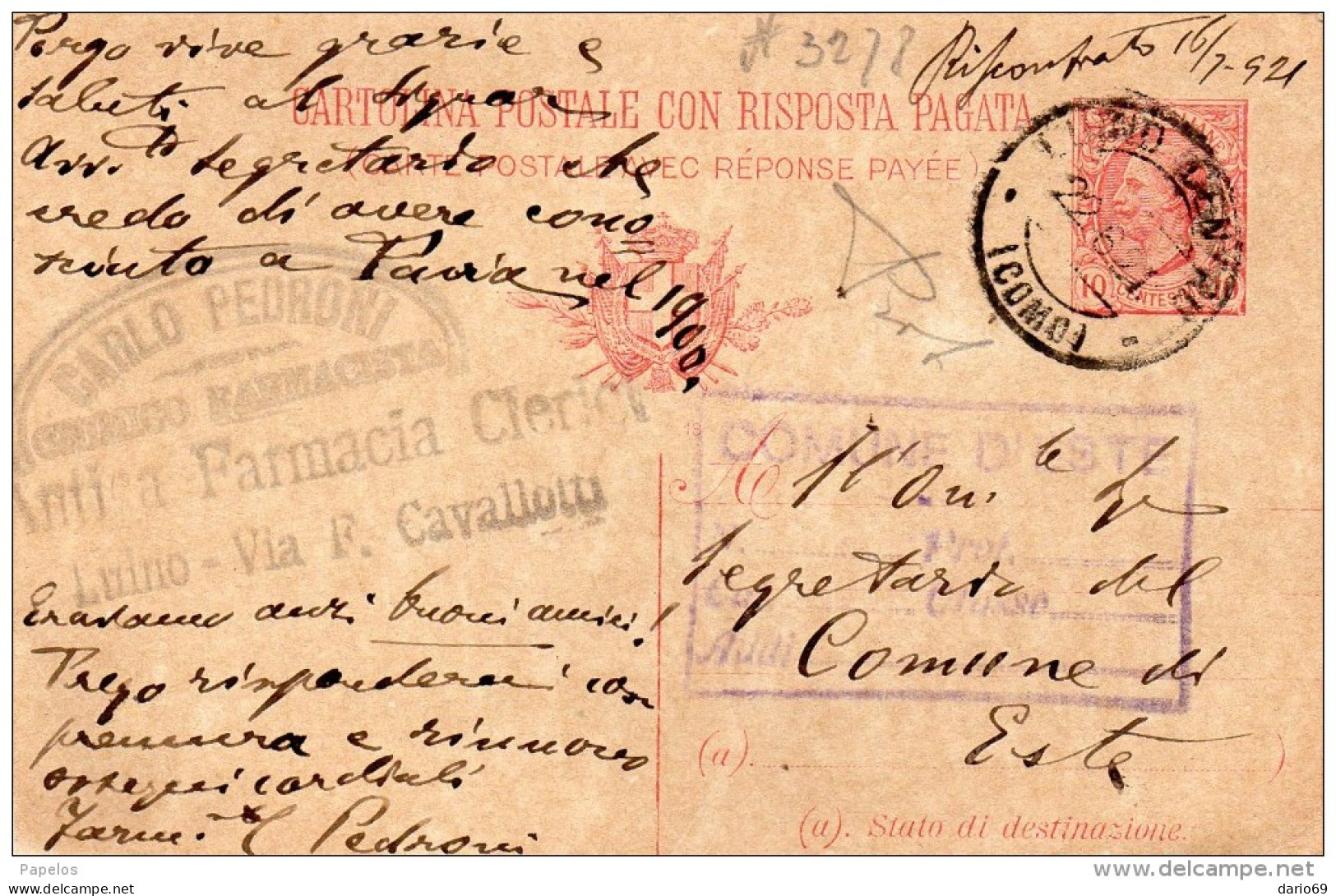 1921   CARTOLINA CON ANNULLO  LUINO COMO - Stamped Stationery