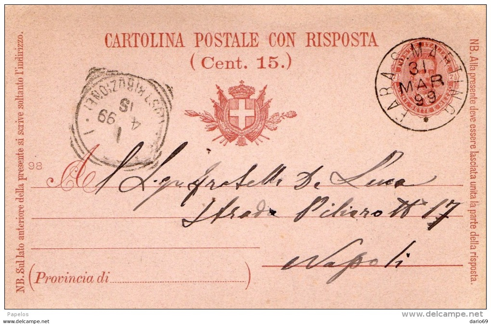 1899    CARTOLINA CON ANNULLO FARA S. MARTINA CHIETI - Ganzsachen