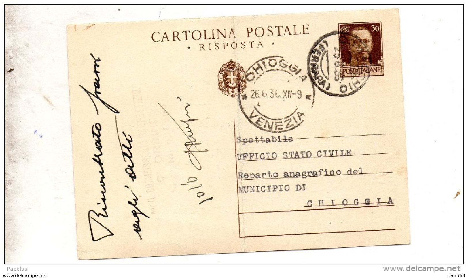 1936  CARTOLINA CON ANNULLO CHIOGGIA VENEZIA - Ganzsachen