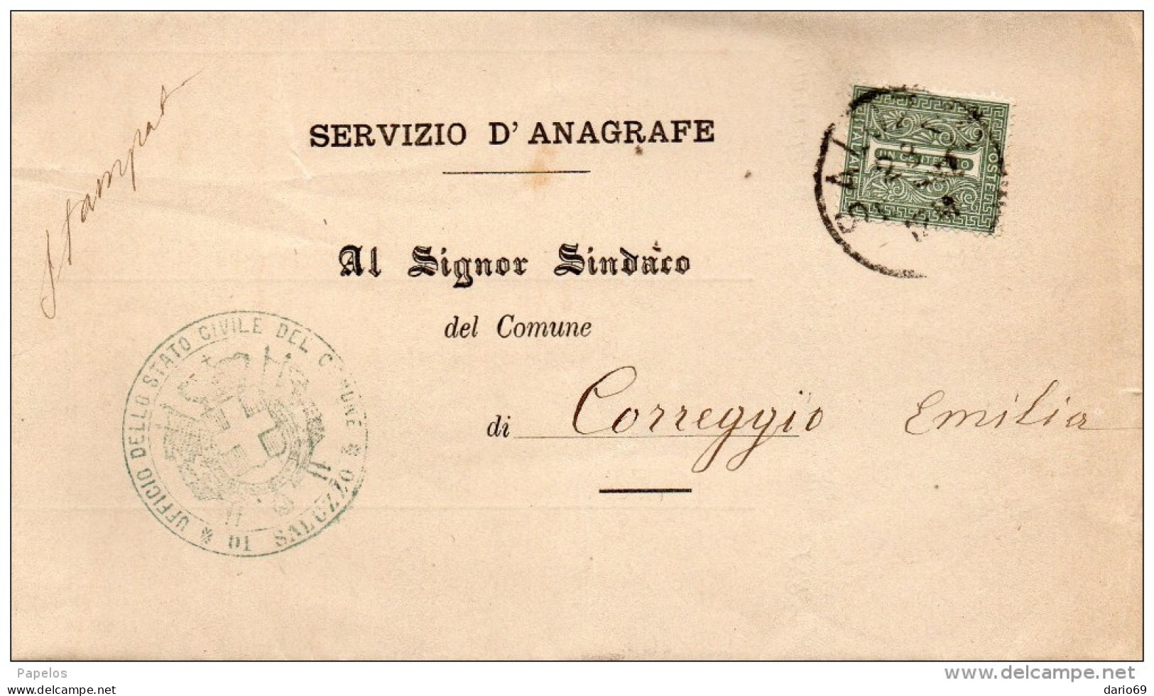 1882  LETTERA CON ANNULLO SALUZZO CUNEO - Marcophilia