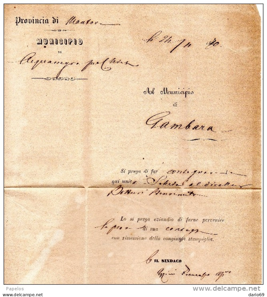 1870   LETTERA CON ANNULLO  ACQUANEGRA  - CANNETO MANTOVA - Marcophilia