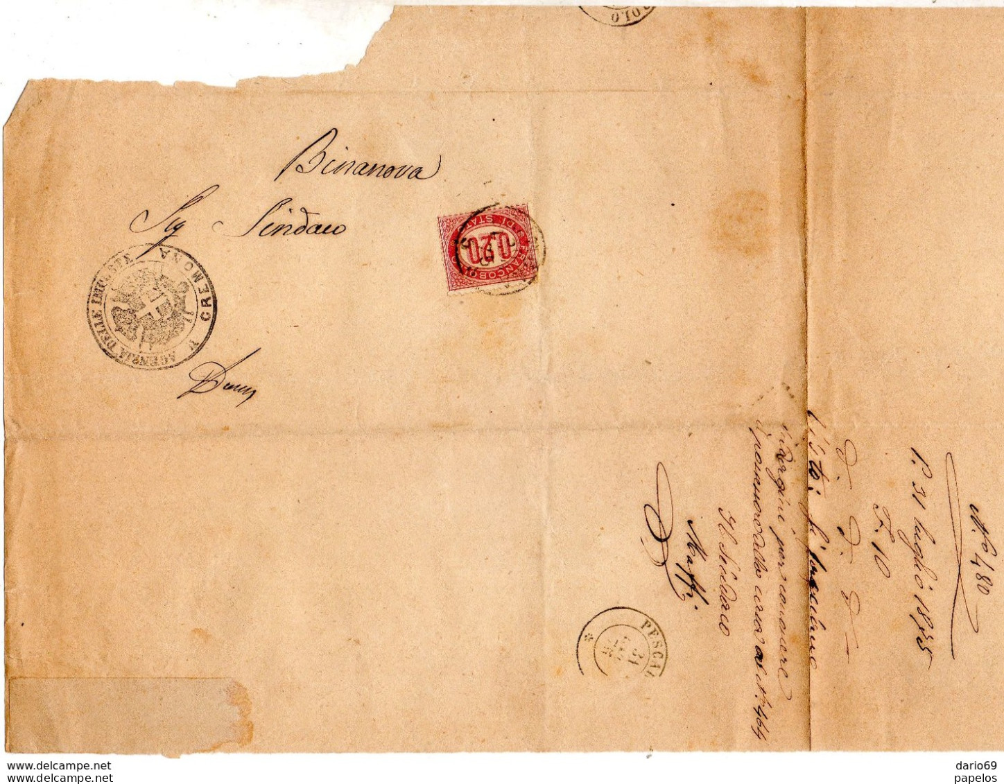 1875  LETTERA   CON ANNULLO  CREMONA + PESCARA - Marcophilia