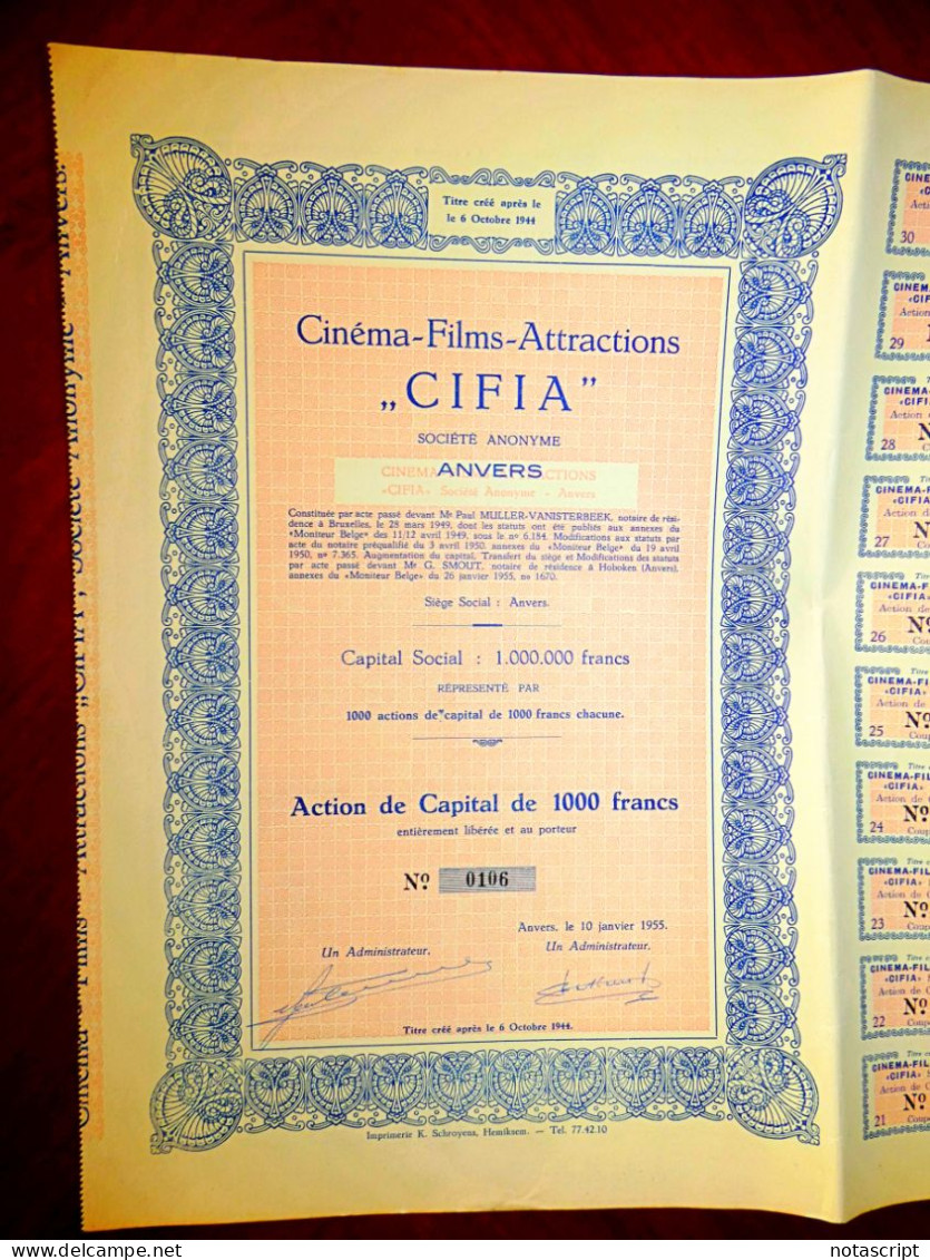 Cinéma Films Attractions CIFIA, Anvers 1955 Belgium  Sharecertificate - Cinéma & Theatre