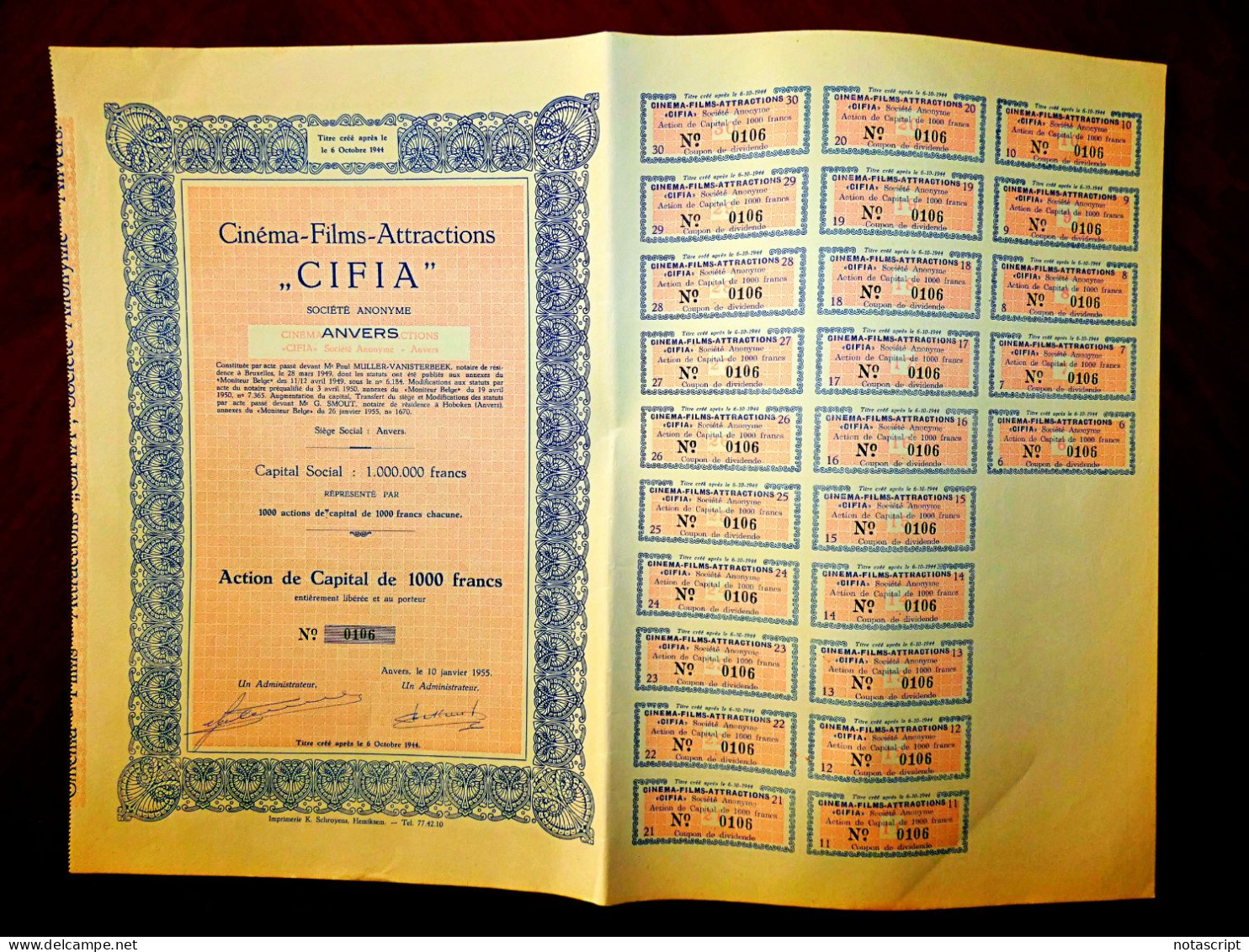 Cinéma Films Attractions CIFIA, Anvers 1955 Belgium  Sharecertificate - Film En Theater