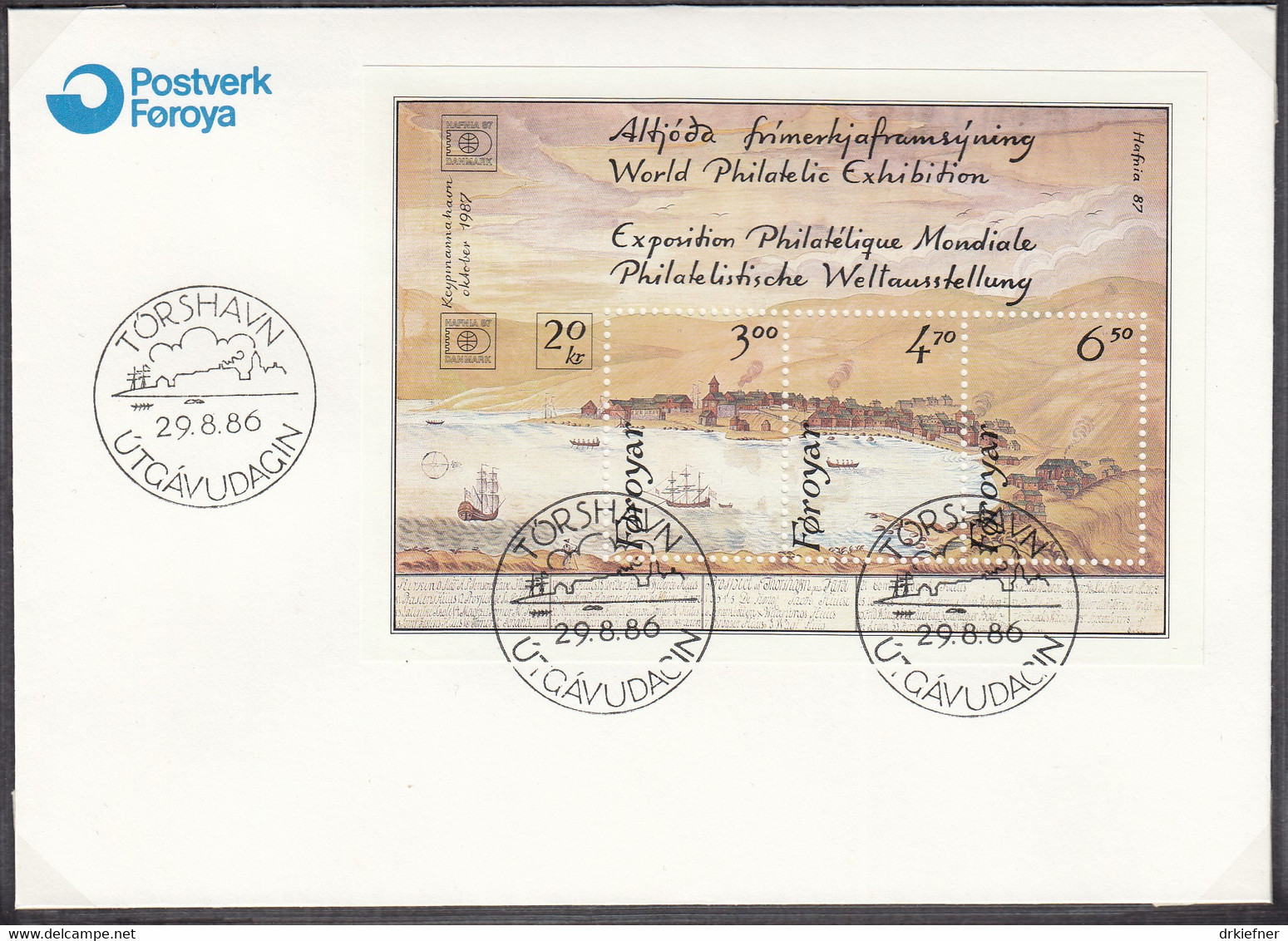 FÄRÖER  Block 2, FDC, Internationale Briefmarkenausstellung HAFNIA ’87, Kopenhagen, 1986 - Isole Faroer