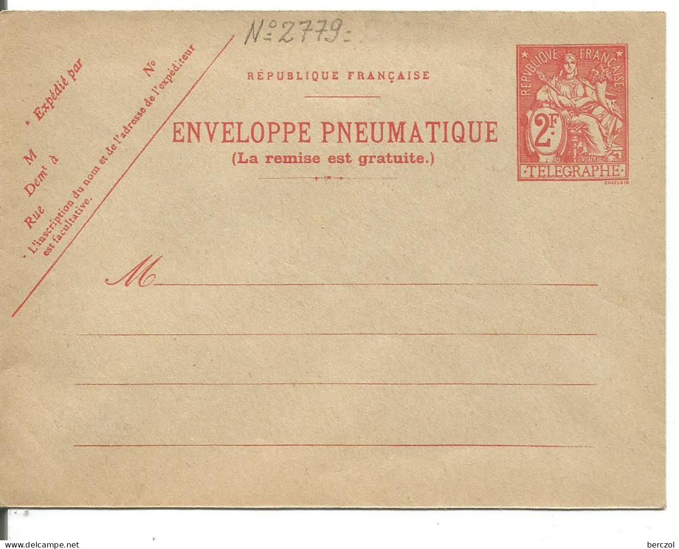 FRANCE ANNEE 1938 ENTIER TYPE CHAPELAIN PNEUMATIQUE N° 2779 EPP NEUF **TB COTE 45,00 € - Pneumatische Post