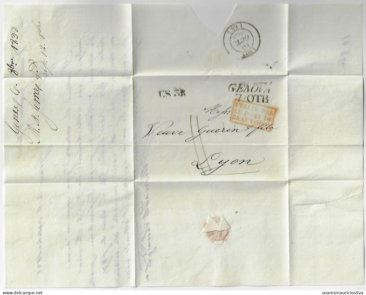 1838 Complete Fold Cover Genova To Lyon France Handwritten Postage Rate 11 Cancel Italy By Le Pont-de-Beauvoisin CS.3R - 1. ...-1850 Vorphilatelie