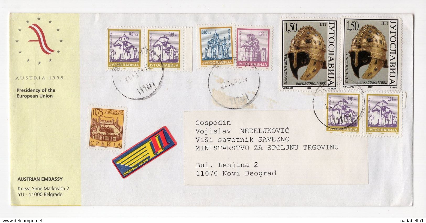 1998. YUGOSLAVIA,SERBIA,BELGRADE LOCO,AUSTRIAN EMBASSY ILLUSTRATED COVER,AUSTRIA 1998 EU PRESIDENCY - Lettres & Documents