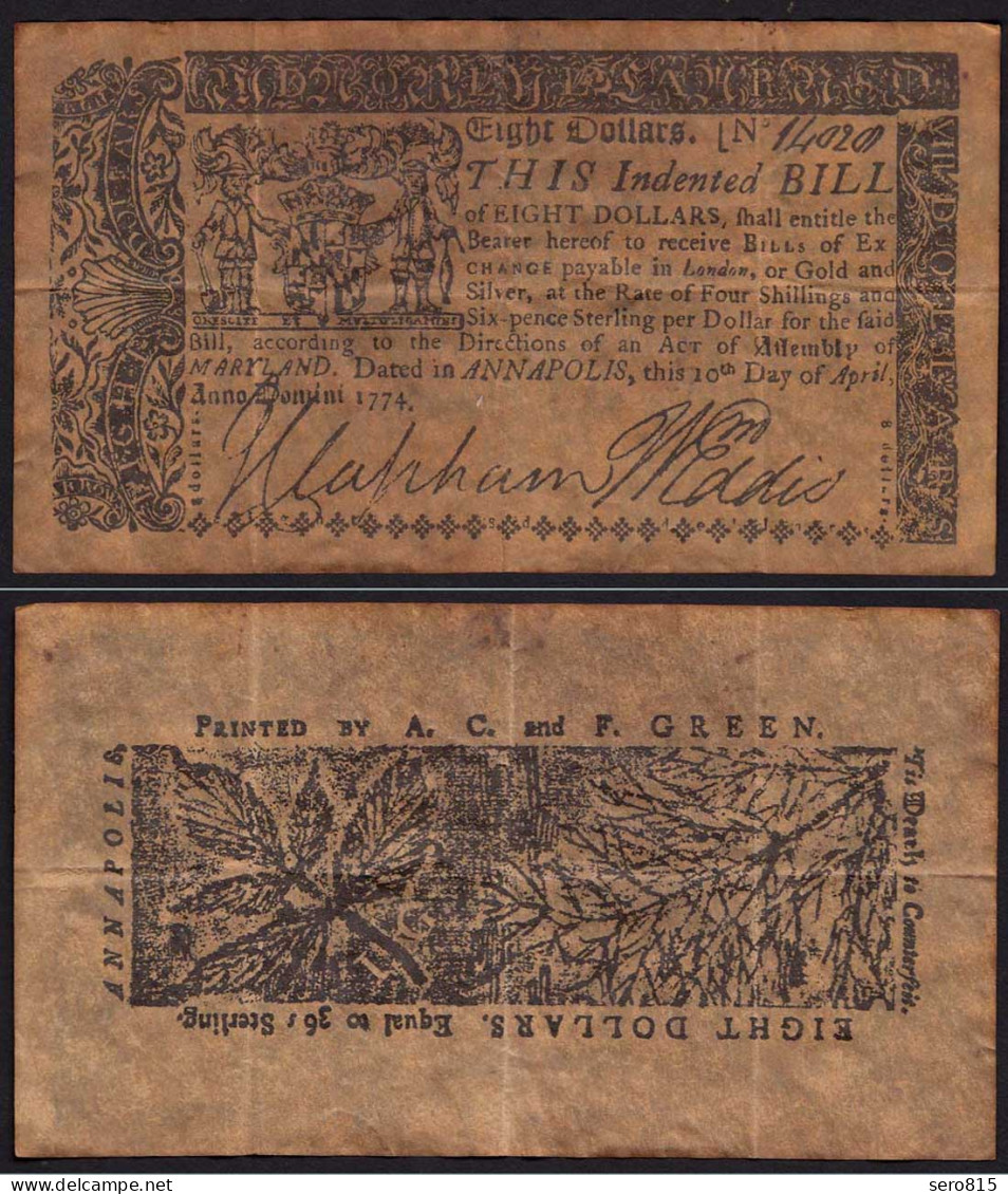 USA 1780 - 8 Dollar MARYLAND ANNAPOLIS 1774 - Siehe Beschreibung  (15284 - Autres & Non Classés