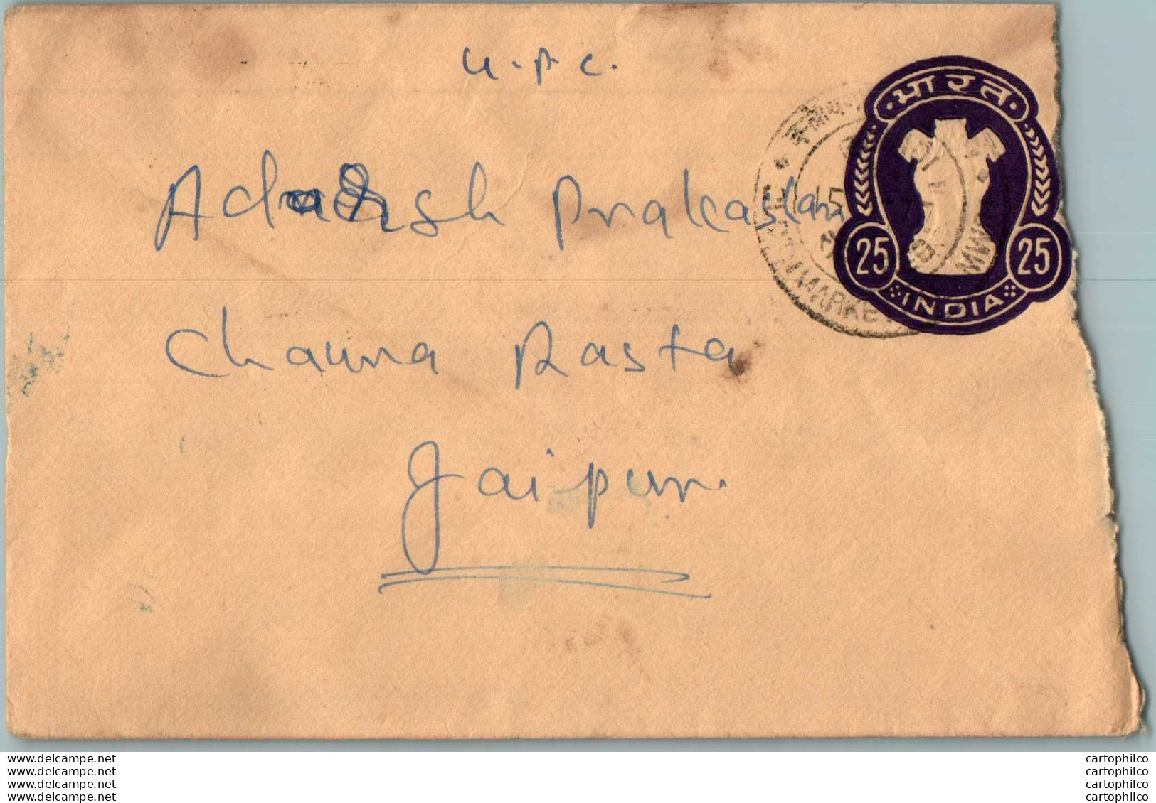 India Postal Stationery Ashoka Tiger 25 To Jaipur - Cartes Postales